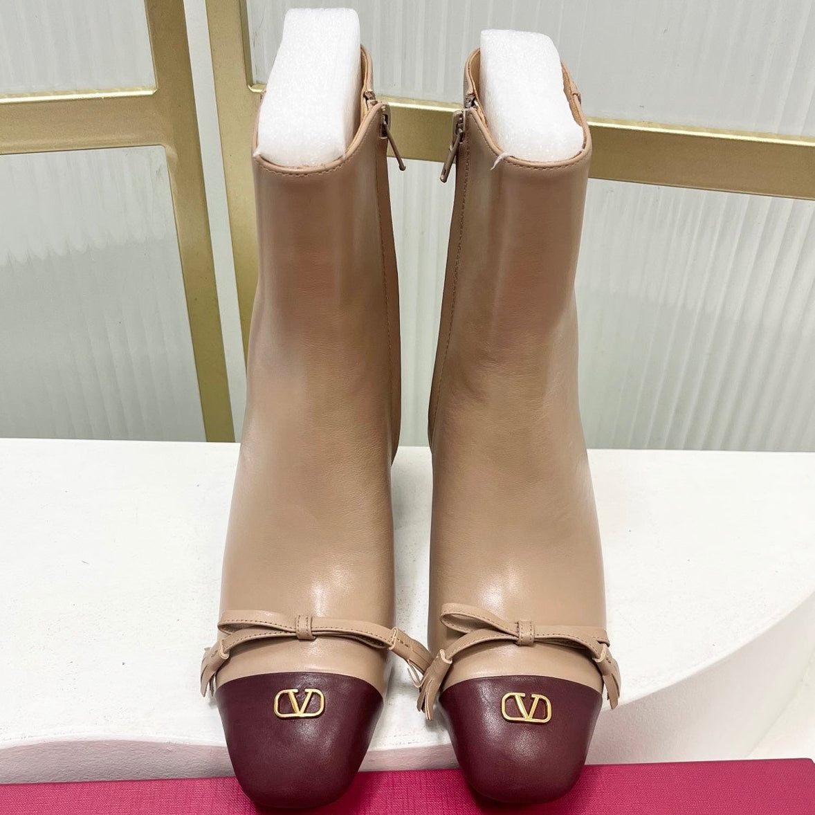 Valentino 2025 Bow Square Toe  Zipper Ankle Boot Beige Burgundy Cowhide 549734