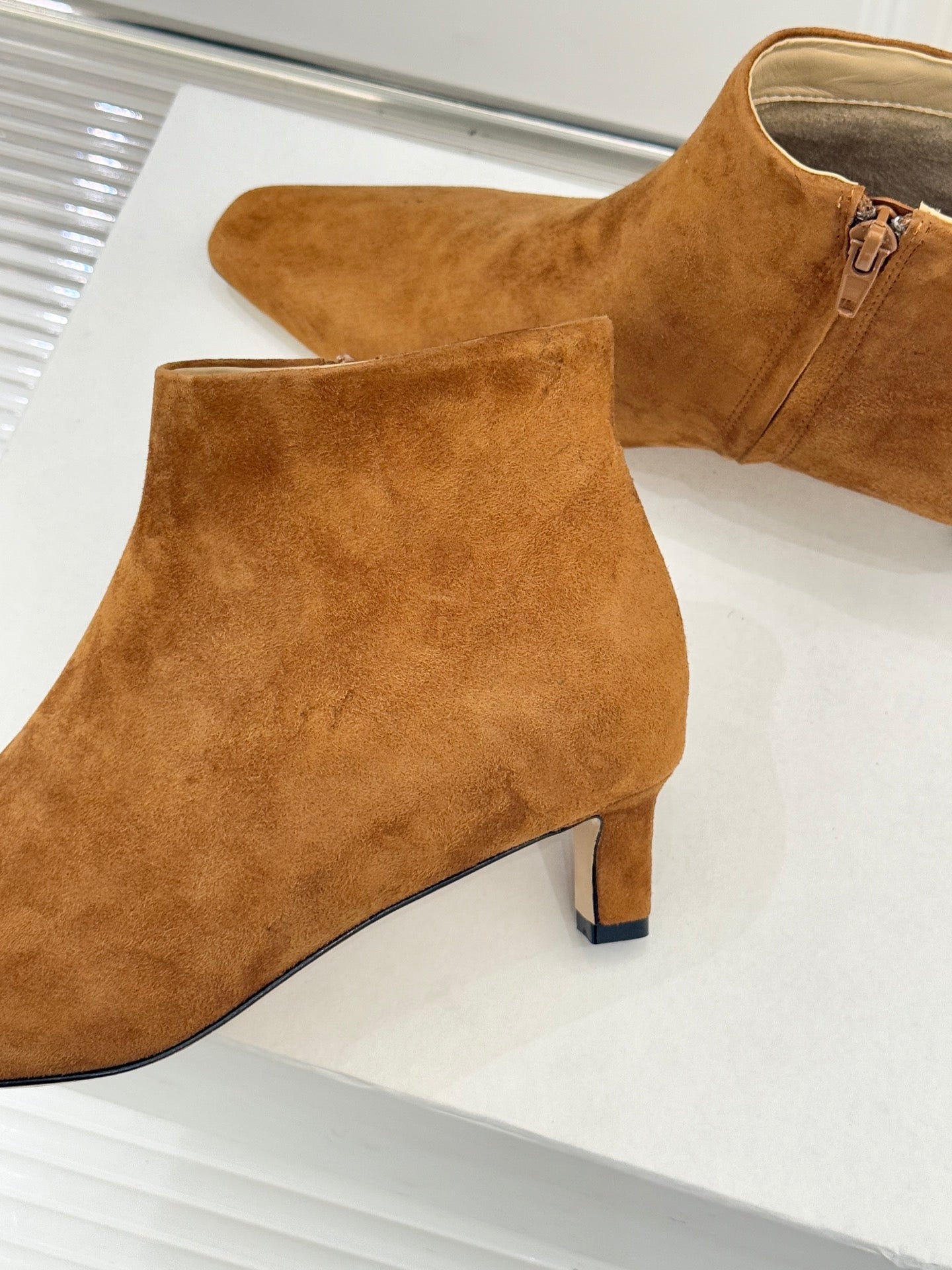 The Row 2025 Square Toe Kitten Heel Ankle Boot Camel Suede 572050