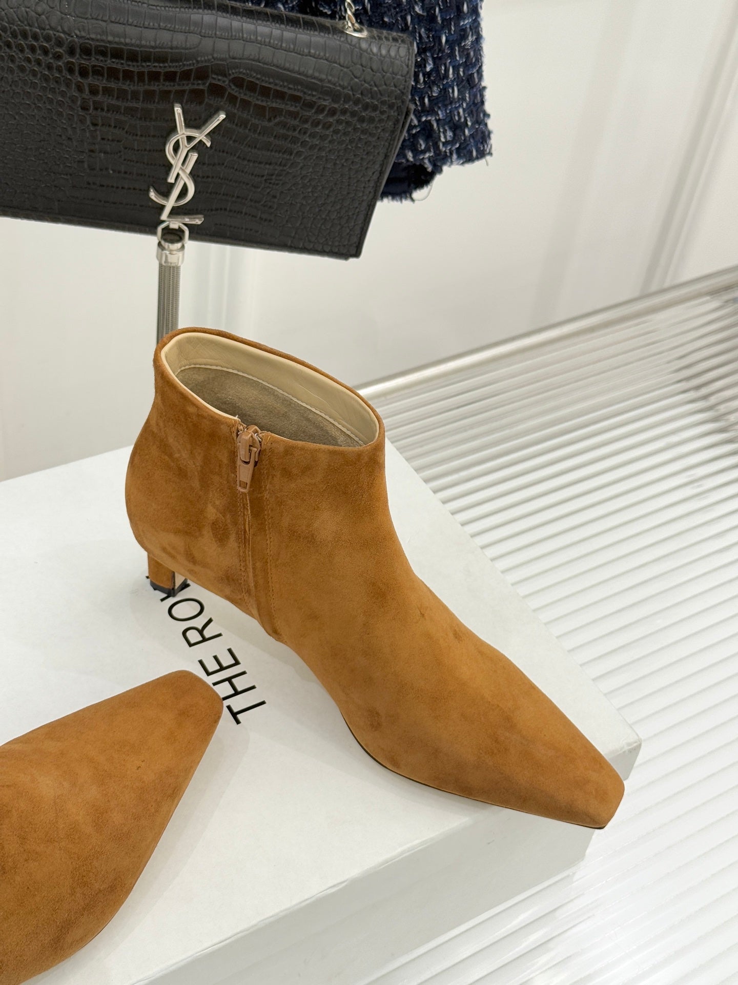 The Row 2025 Square Toe Kitten Heel Ankle Boot Camel Suede 572050