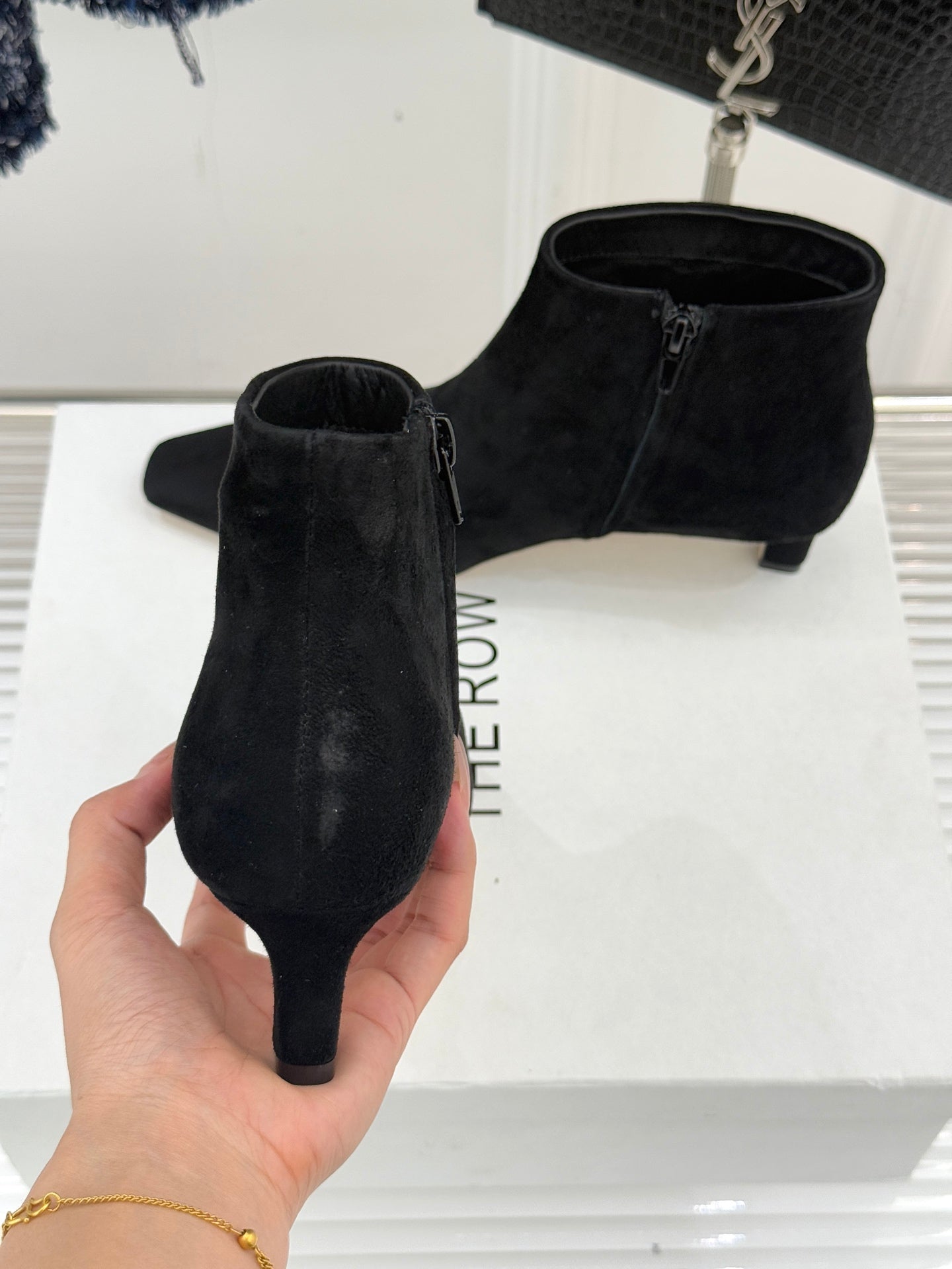 The Row 2025 Square Toe Kitten Heel Ankle Boot Black Suede 572051