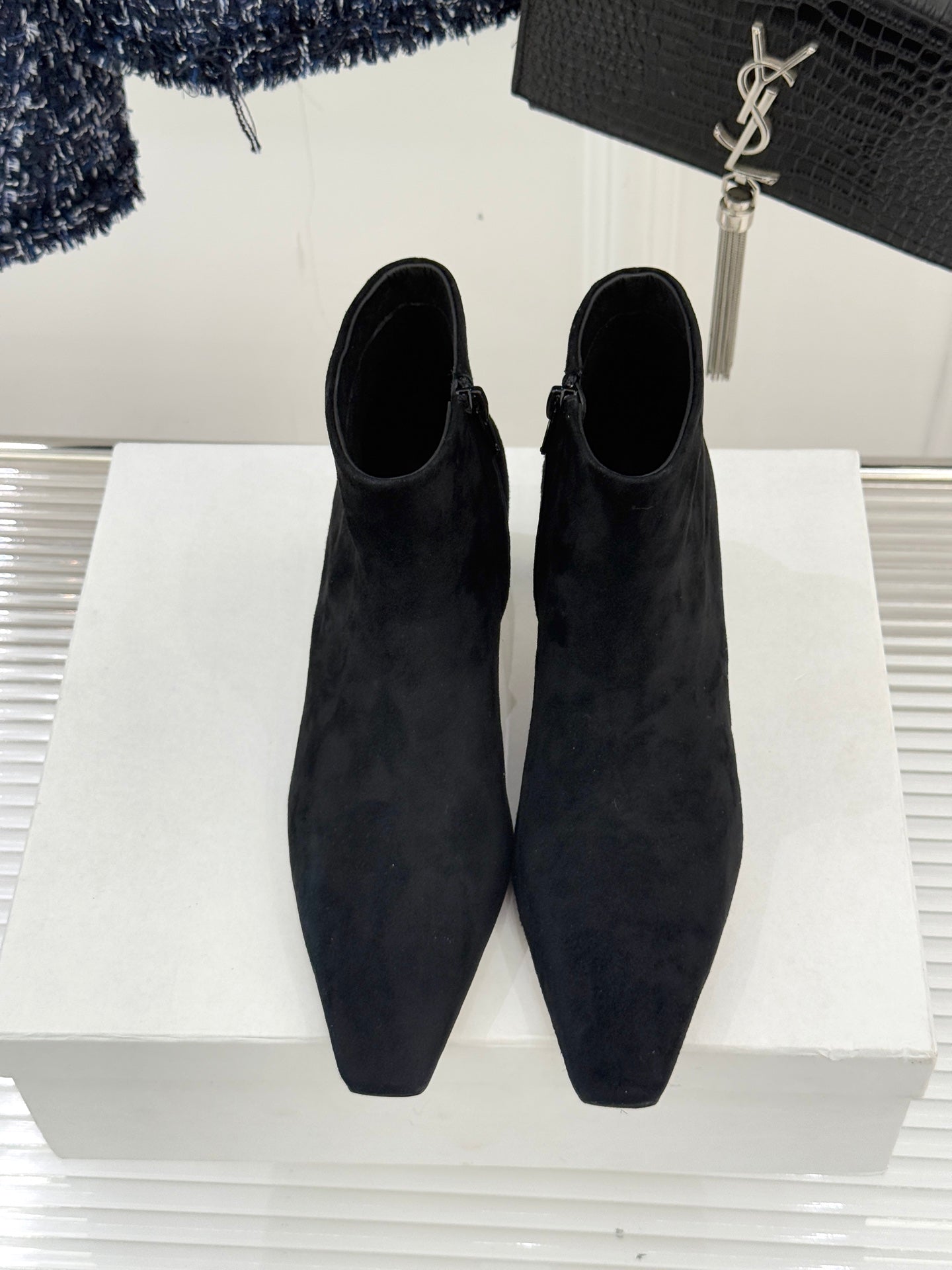 The Row 2025 Square Toe Kitten Heel Ankle Boot Black Suede 572051