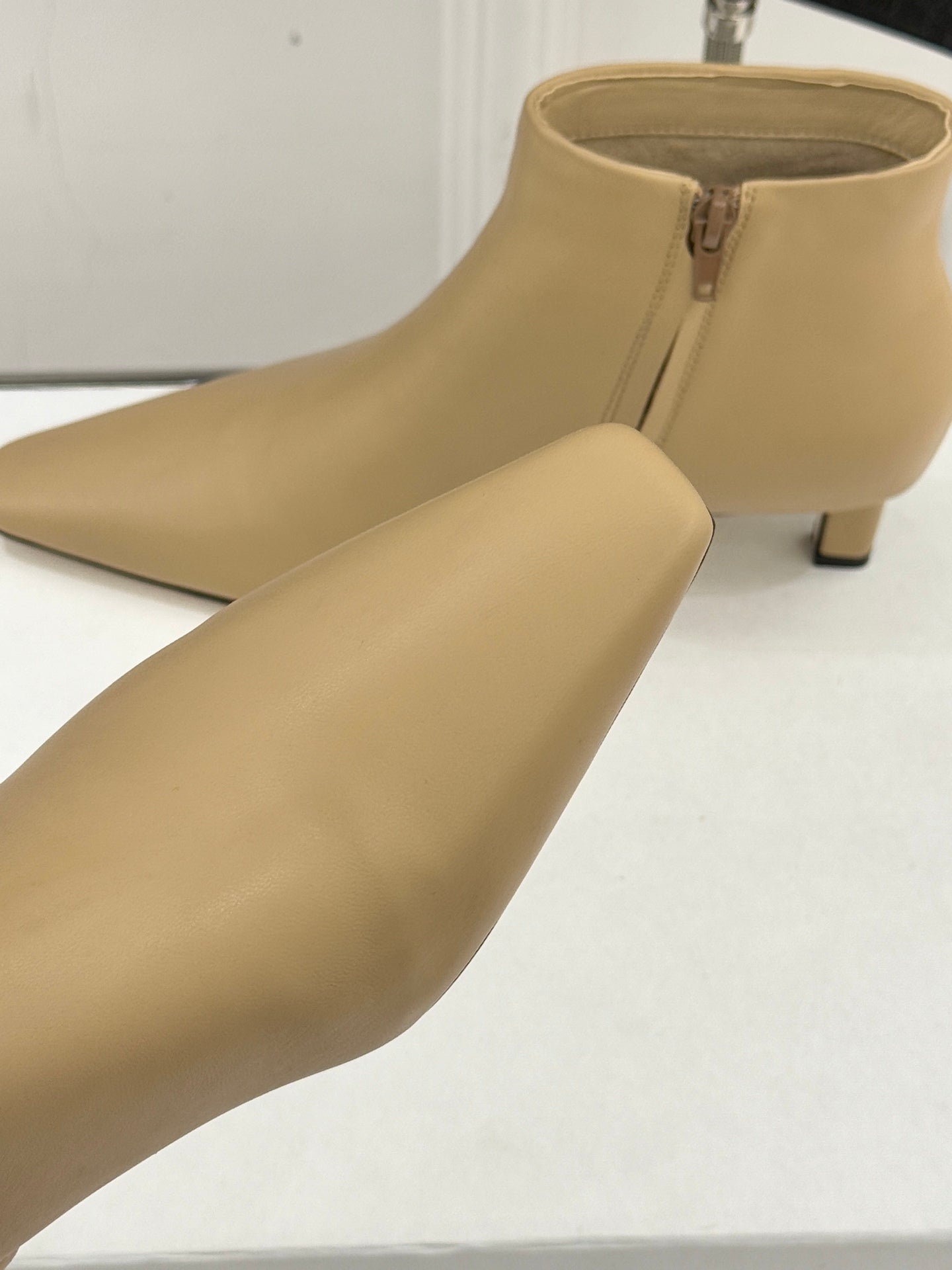 The Row 2025  Square Toe Kitten Heel Ankle Boot Beige Sheepskin 572047