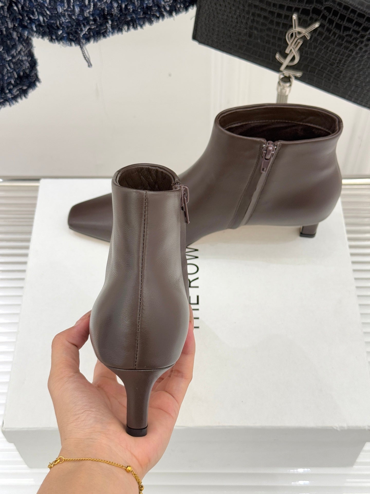 The Row 2025  Square Toe Kitten Heel Ankle Boot Dark Brown Sheepskin 572048
