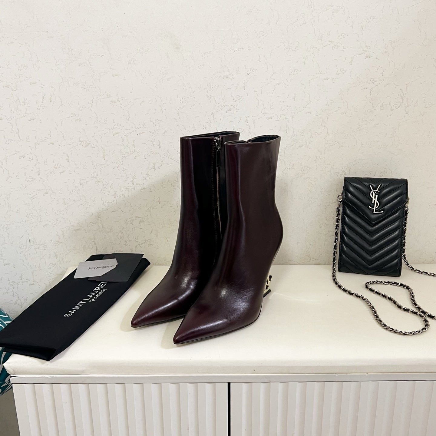 YSL 2025 Logo Metal Heel Ankle Boot Dark Burgundy Cowhide 575002