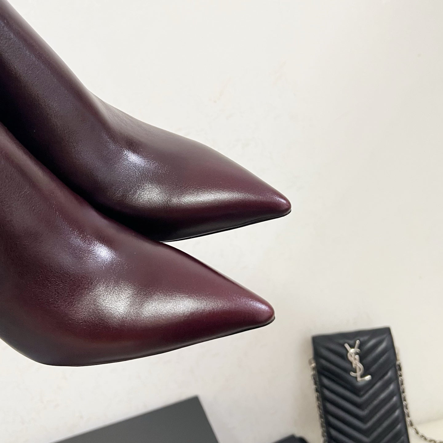 YSL 2025 Logo Metal Heel Ankle Boot Dark Burgundy Cowhide 575002