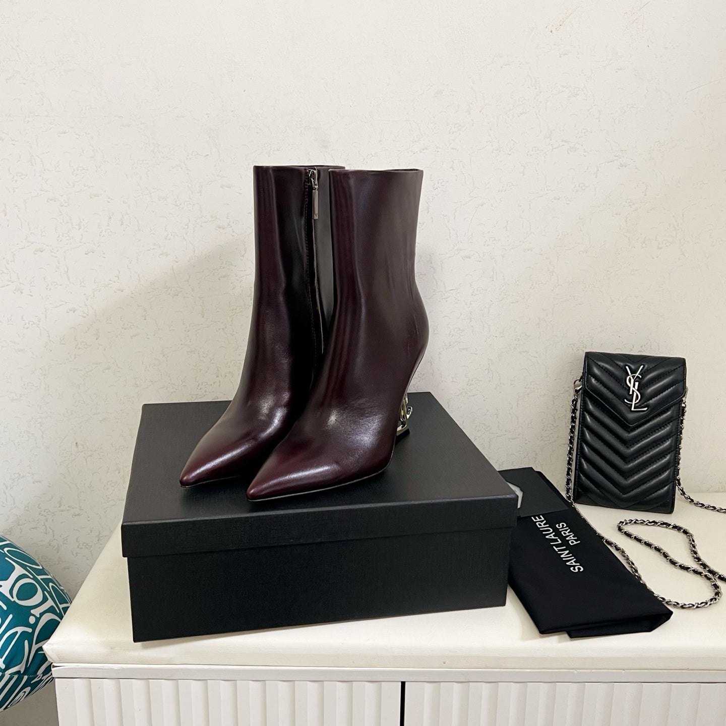 YSL 2025 Logo Metal Heel Ankle Boot Dark Burgundy Cowhide 575002