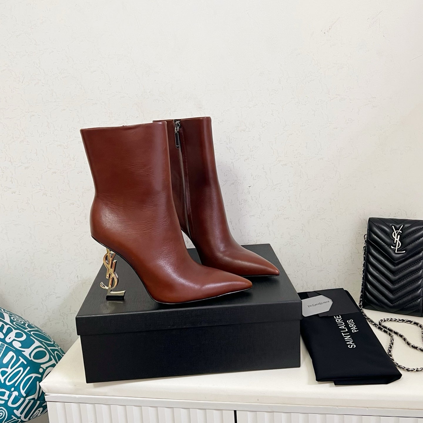 YSL 2025 Logo Metal Heel Ankle Boot Brown Cowhide 575004