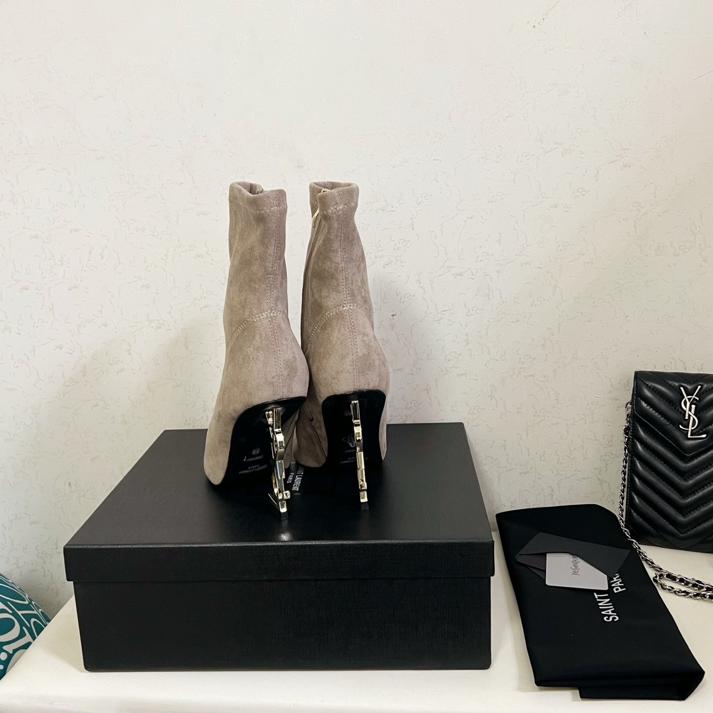YSL 2025 Opyum 110mm Heel Ankle Boot Beige Suede 575007