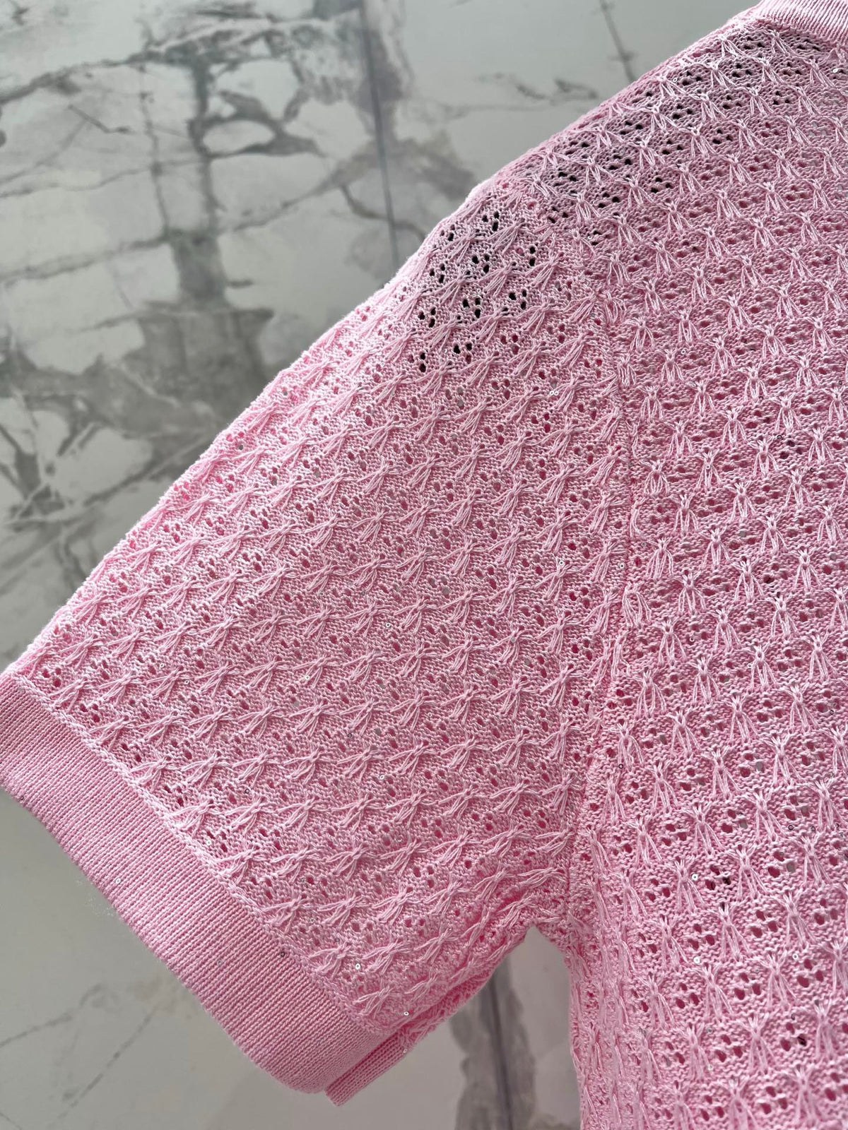 Dior 2026 Embroidered Bow Knit Short-sleeved Top Pink Cotton 714725