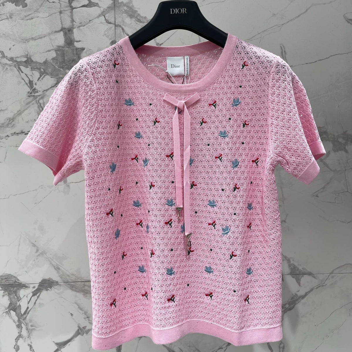Dior 2026 Embroidered Bow Knit Short-sleeved Top Pink Cotton 714725