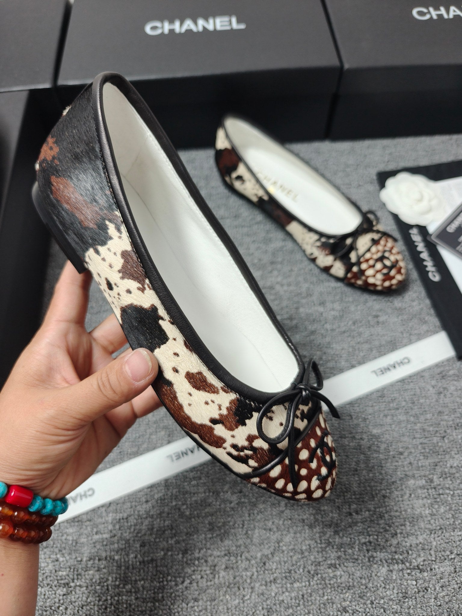 Chanel 2026 Ballet Flat Black Cream Brown Horsehair Calfskin 696628