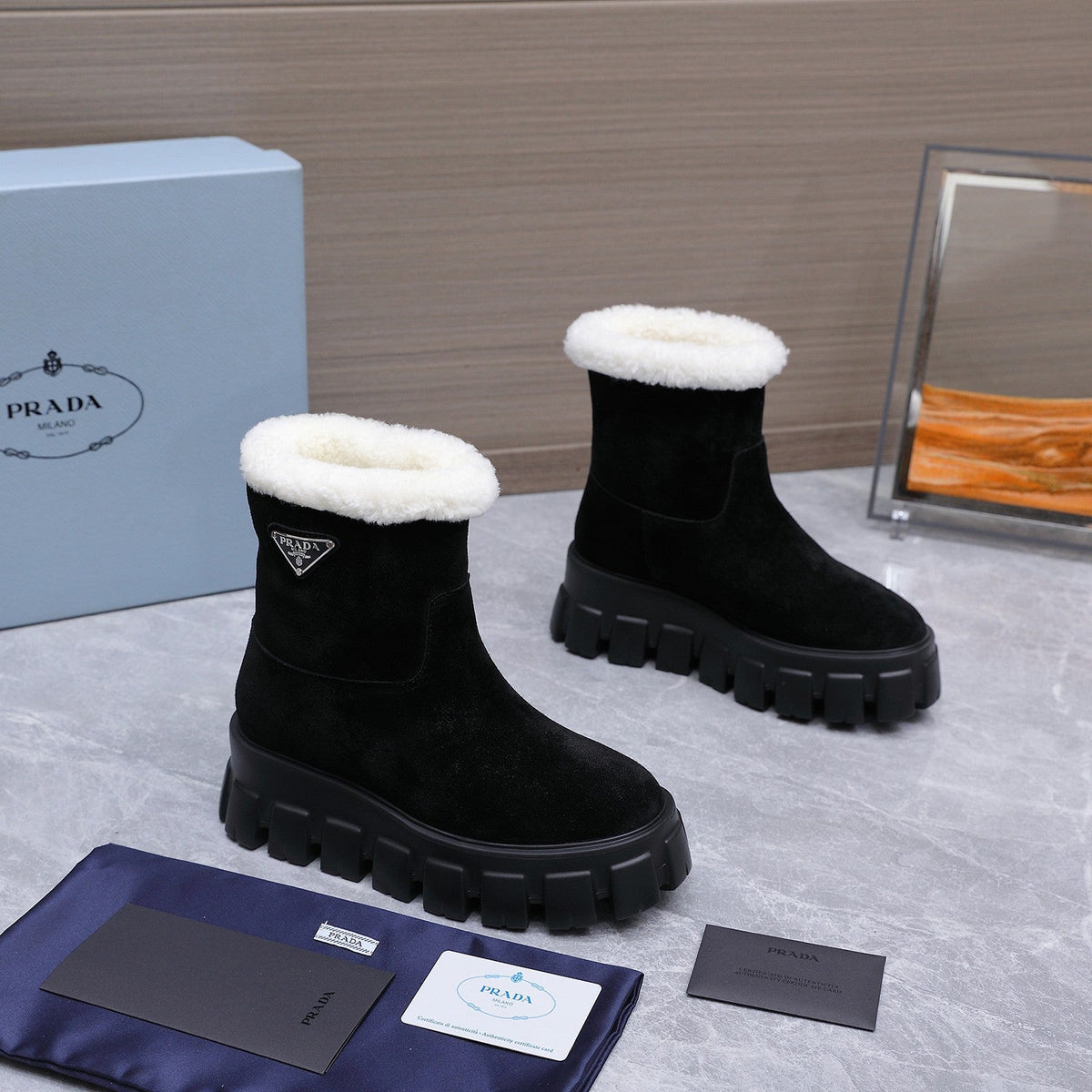 Prada 2026 Platform Ankle Boots 65mm Suede Wool 170757