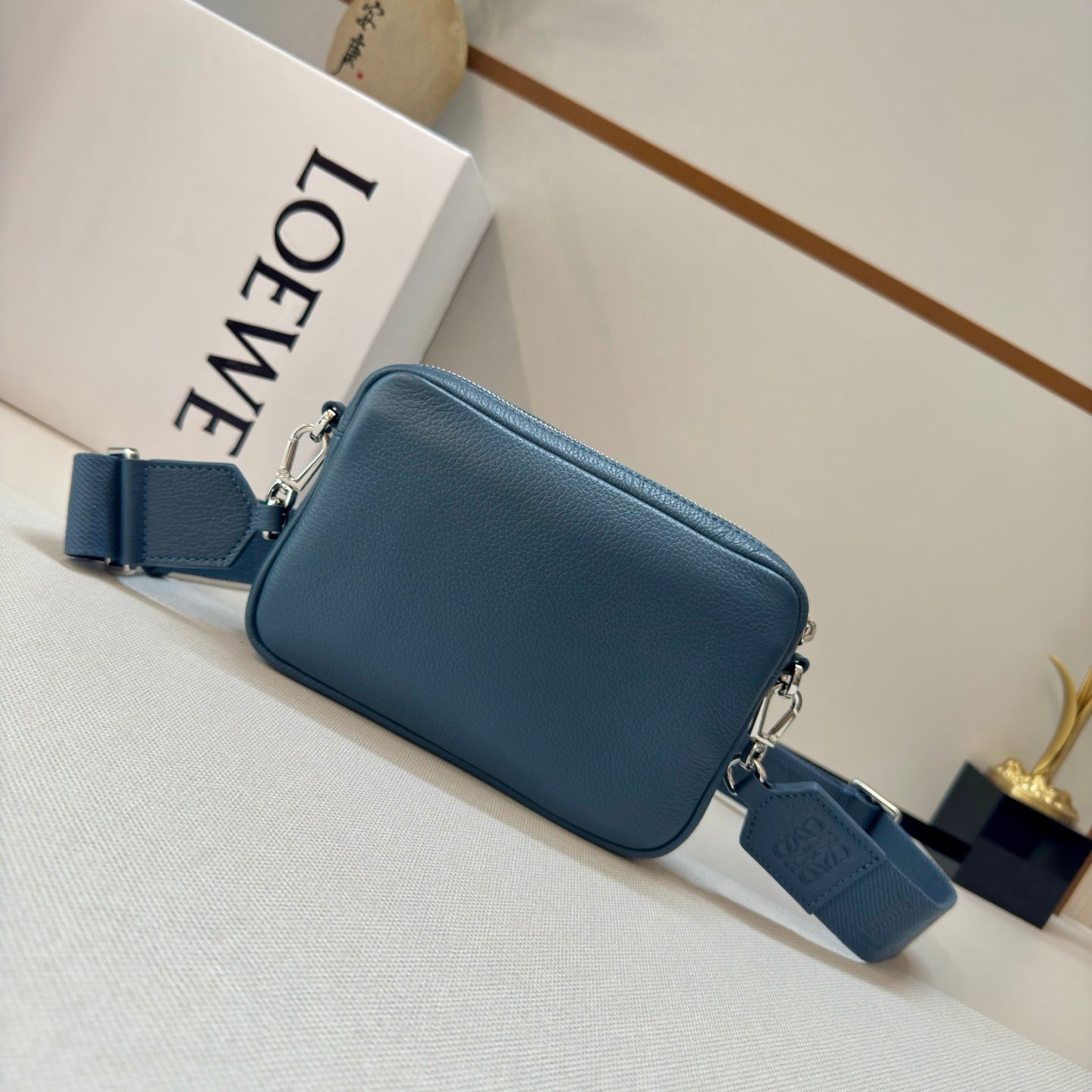 Loewe 2025 Small Pebble Messenger Bag Indigo Blue Grained Calfskin 274589