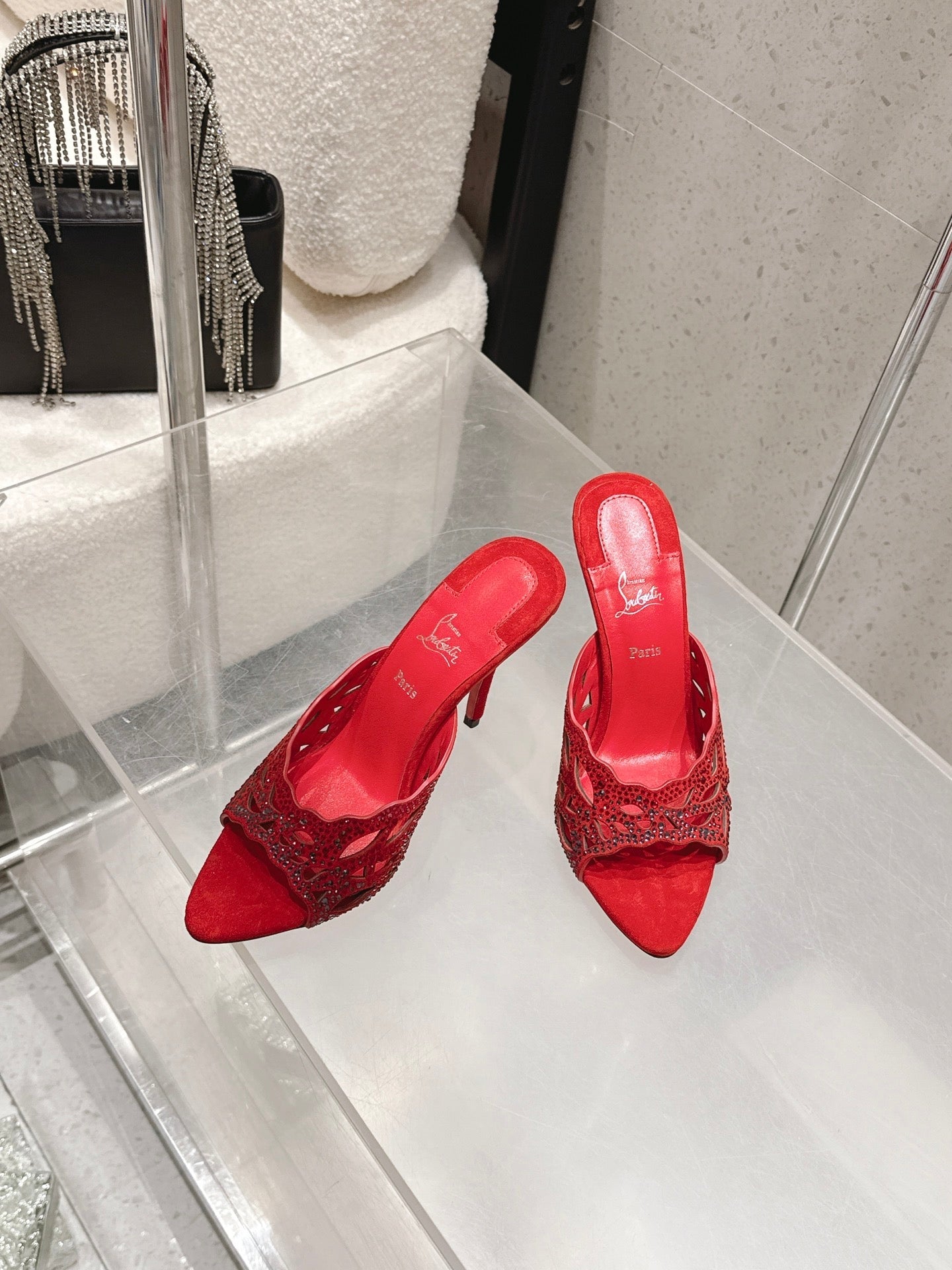 CL 26SS High-Heeled Slippers 100 Red Suede Sheepskin 636693
