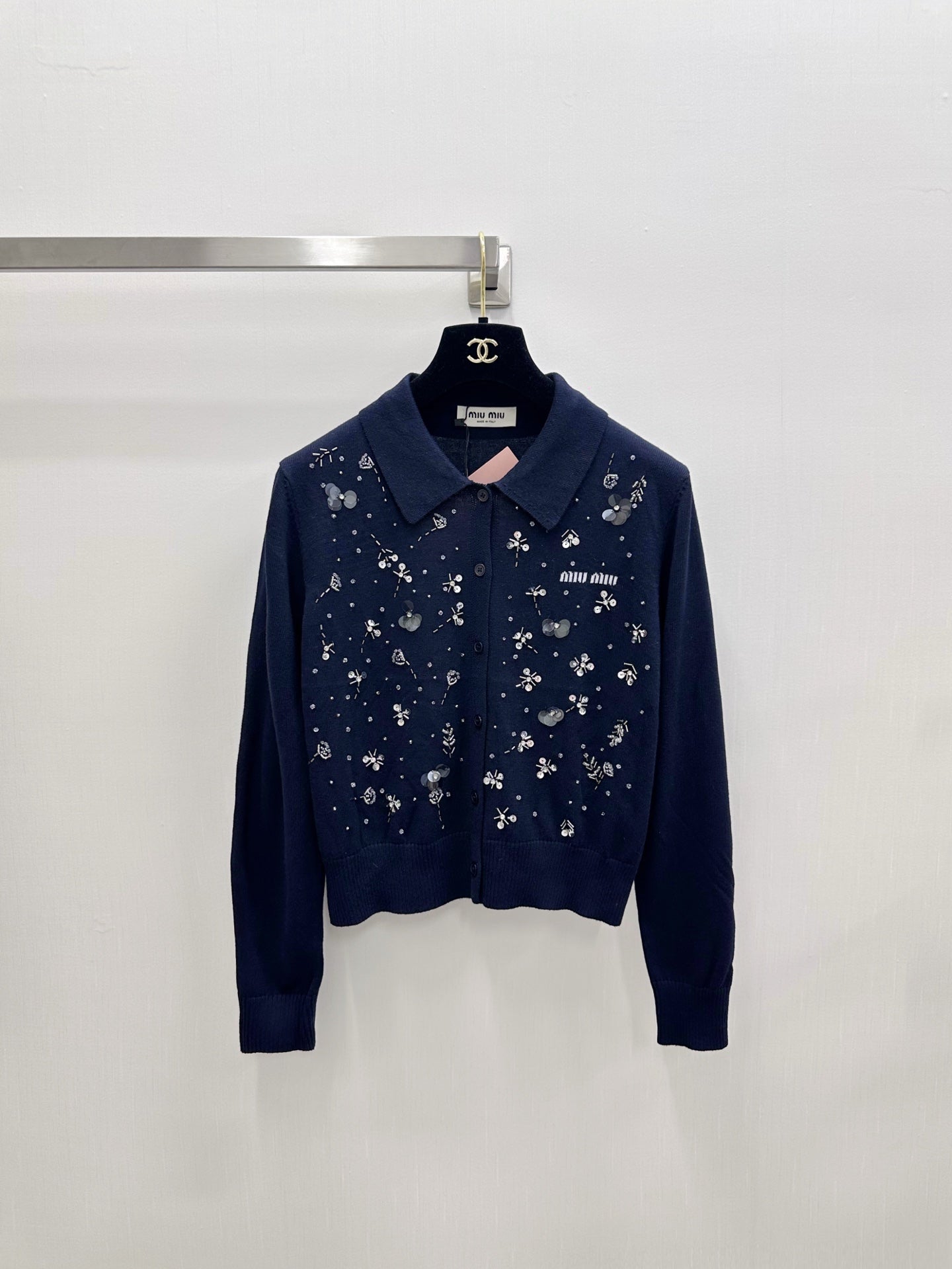 Miumiu 2026 Heavy Sequined Cardigan with Logo Pattern Embellishment Wool 838810