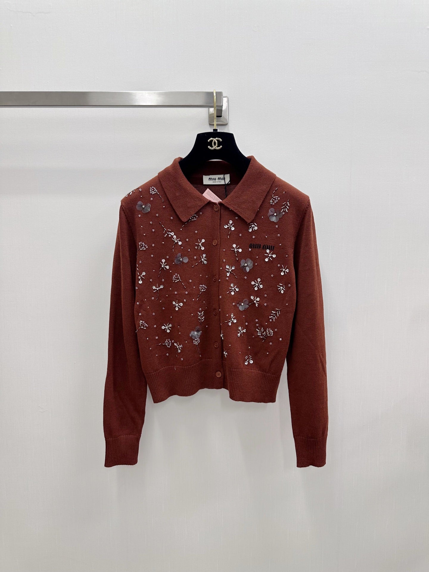 Miumiu 2026 Heavy Sequined Cardigan with Logo Pattern Embellishment Wool 838810