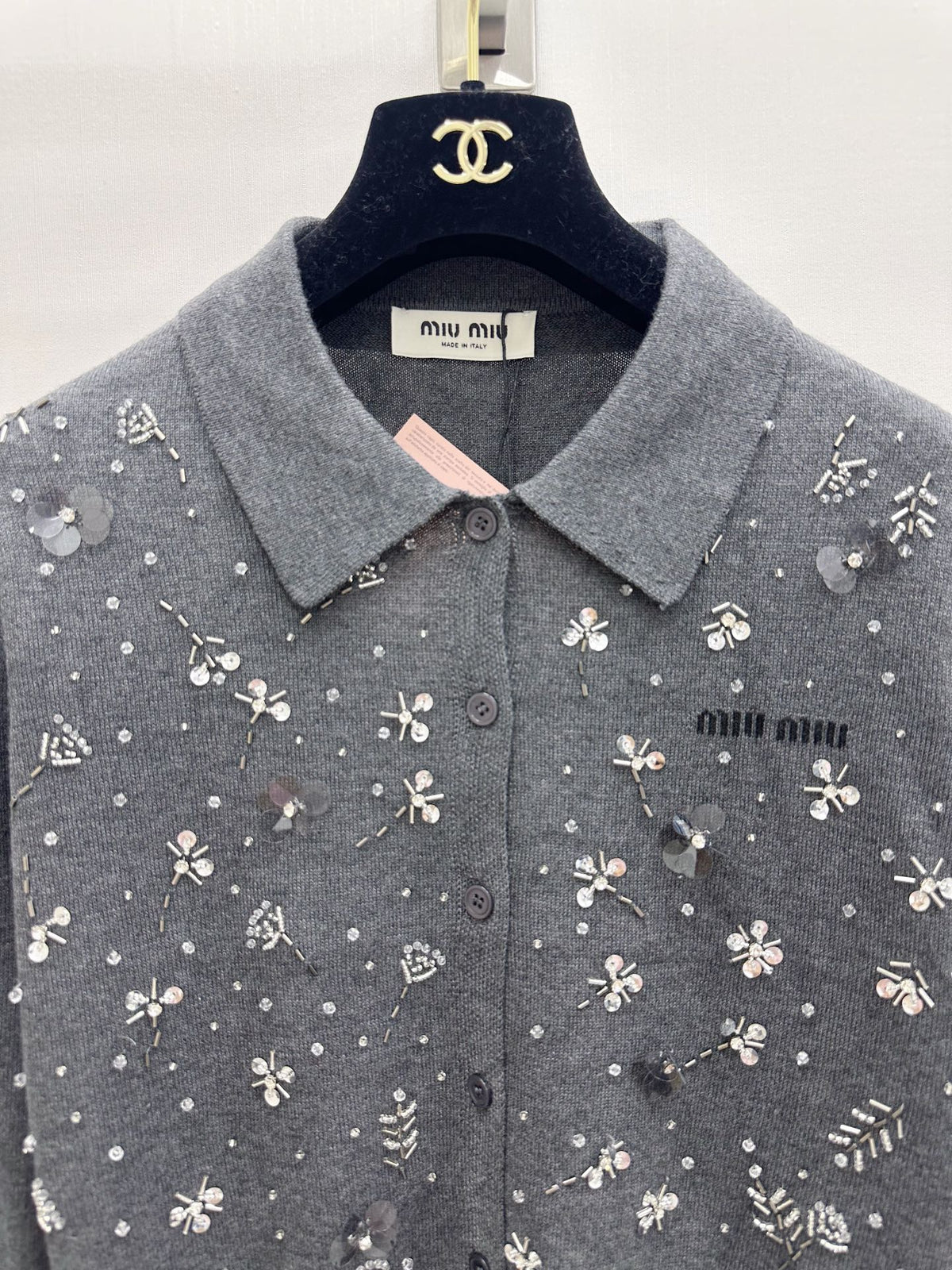 Miumiu 2026 Heavy Sequined Cardigan with Logo Pattern Embellishment Wool 838810
