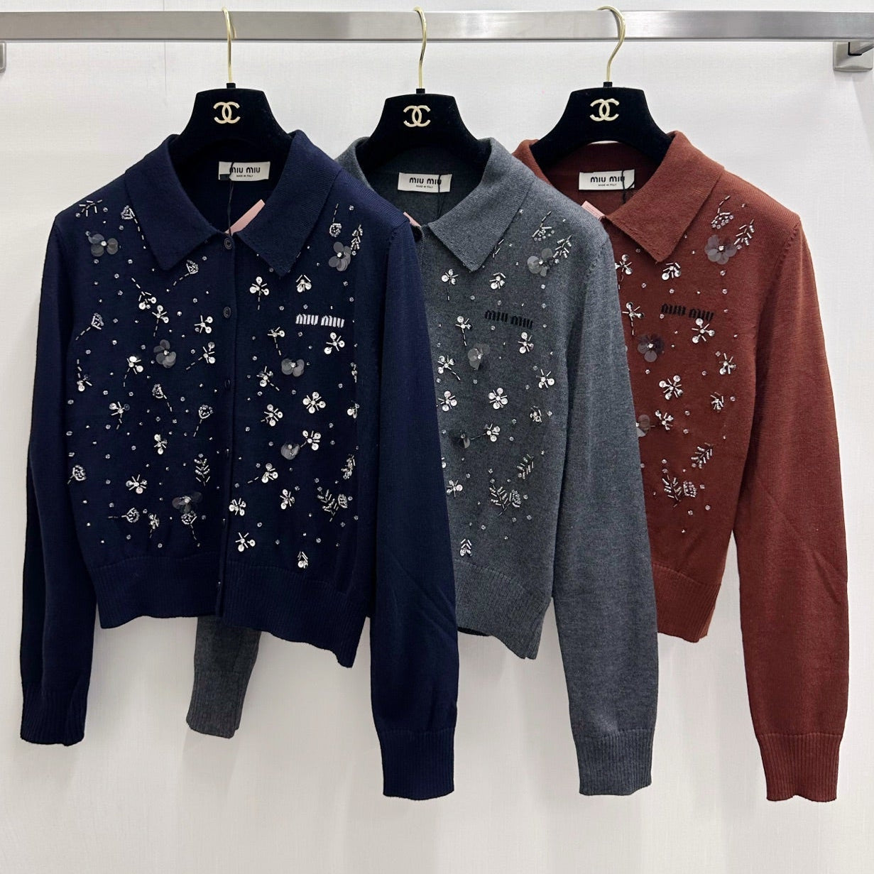 Miumiu 2026 Heavy Sequined Cardigan with Logo Pattern Embellishment Wool 838810