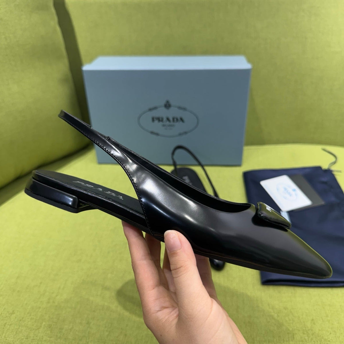 Prada 2026 Spazzolato Triangle Logo Slingback Flat Patent Leather 148638