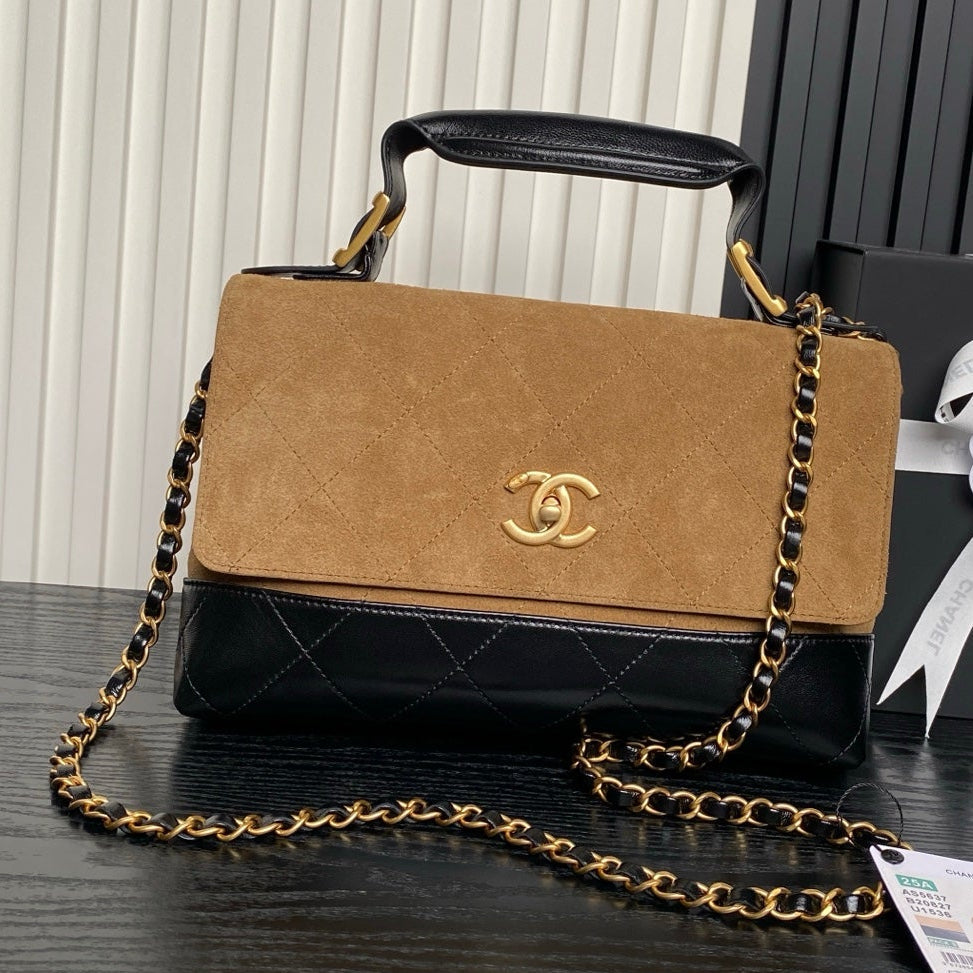 Chanel 2026 Coco Base Top Handle Flap Bag Beige Black Suede Leather 348231