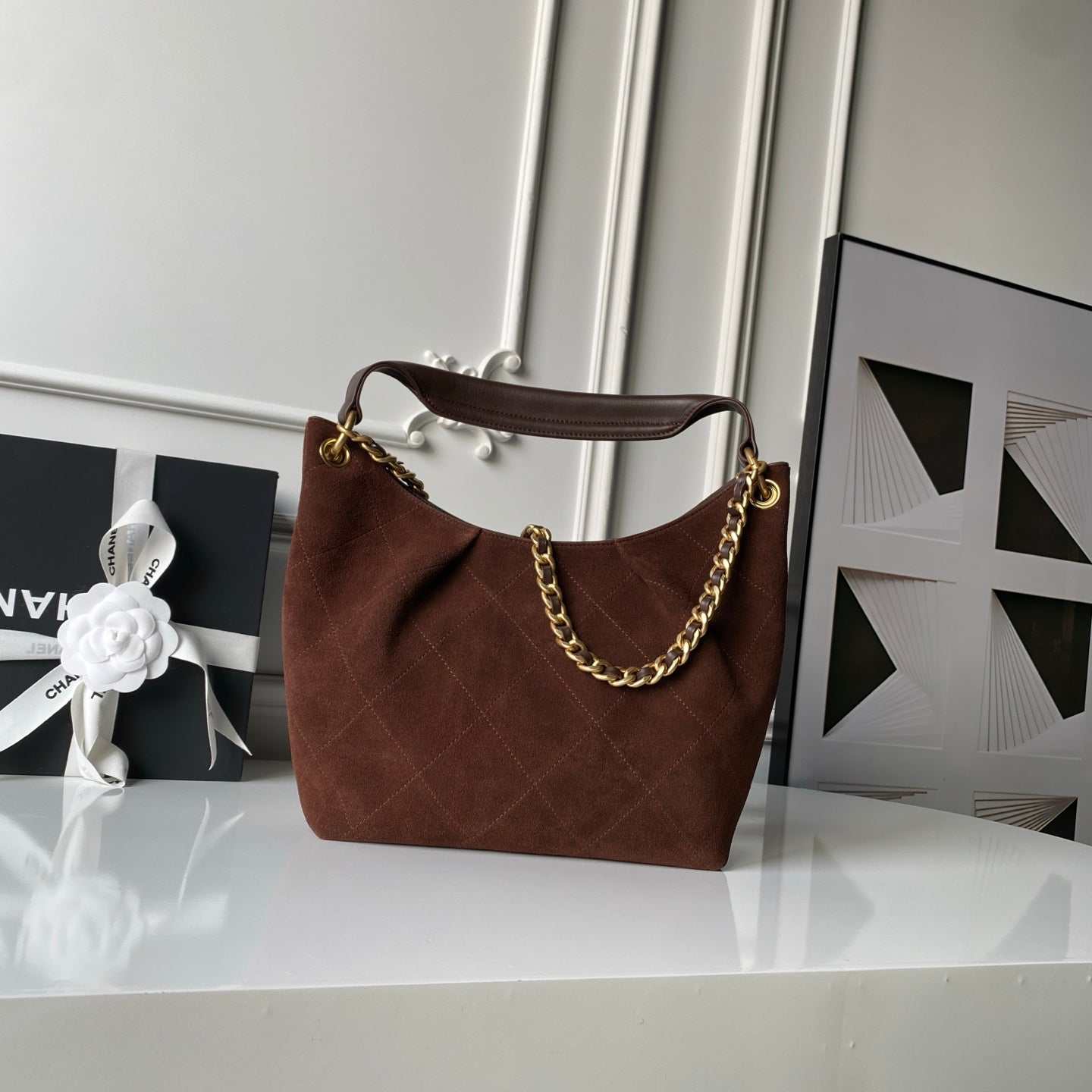 Chanel 2025 Hobo Bag 31cm Dark Brown Suede With Gold Hardware 320286