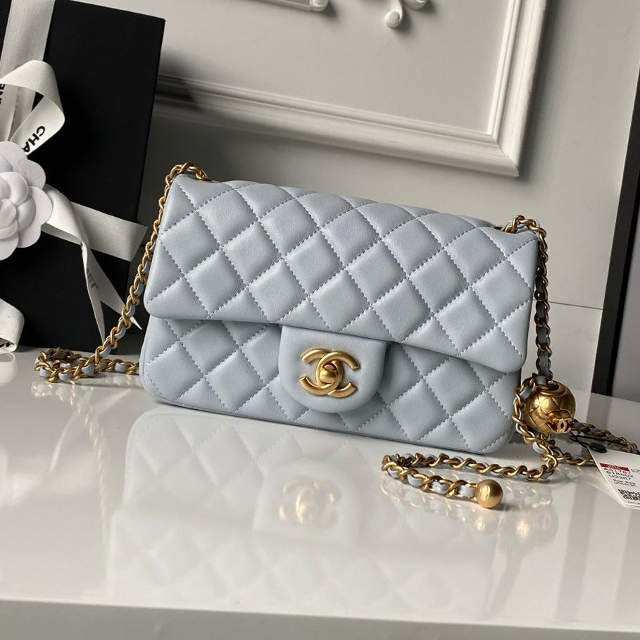 Chanel 25 Rectangular Pearl Crush Bag 20cm Light Blue Lambskin 324819