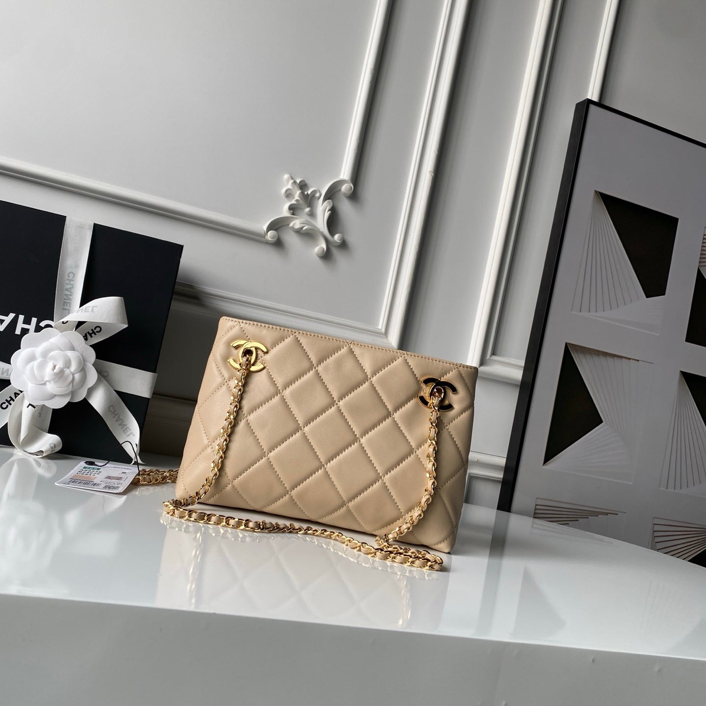 Chanel 2026 Small Shopping Tote Bag Black 24.5cm Beige Lambskin 348255