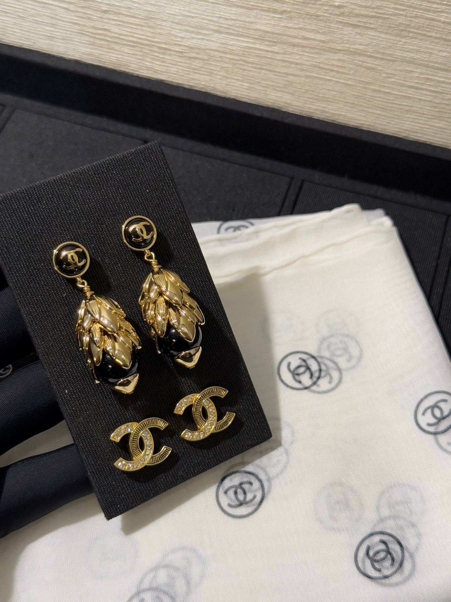 Chanel 2026 Black Gold Enamel Wheat Earrings with Double C Design