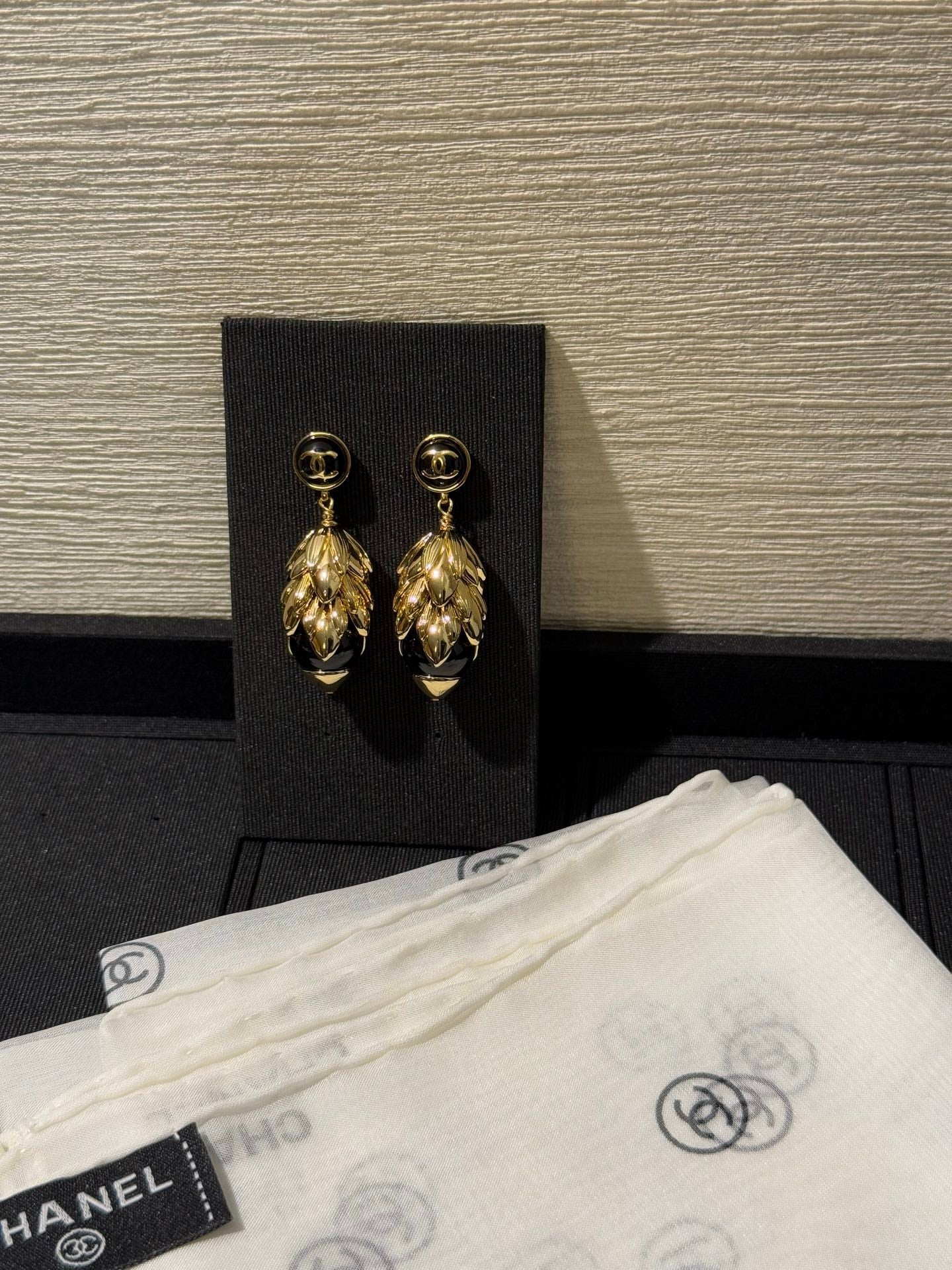 Chanel 2026 Black Gold Enamel Wheat Earrings with Double C Design