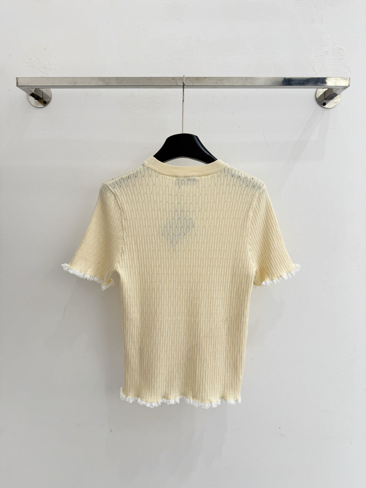 Miumiu 2026 Lace-trimmed Knit Short-sleeved Top Tencel Wool 179453