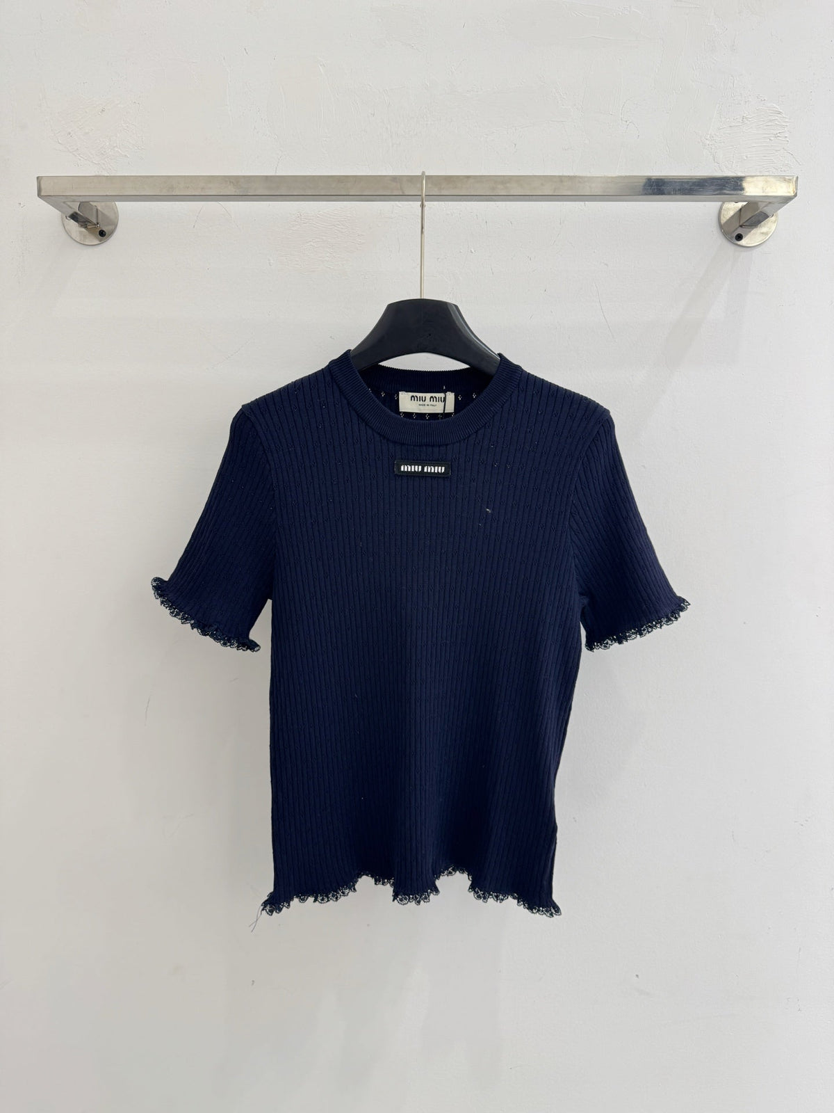 Miumiu 2026 Lace-trimmed Knit Short-sleeved Top Tencel Wool 179453