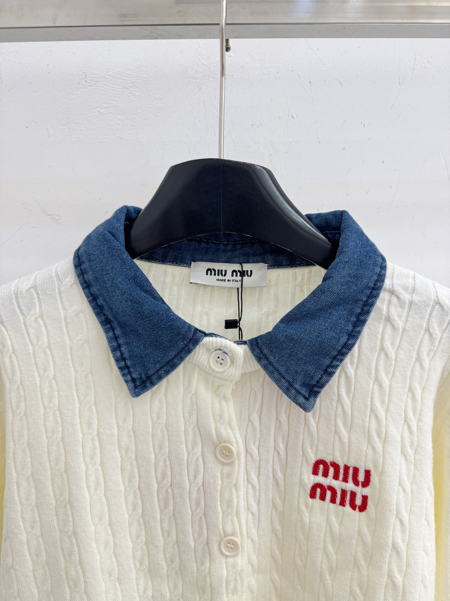 Miumiu 2026 Denim Collar Patchwork Cable Knit Cardigan Wool 794380