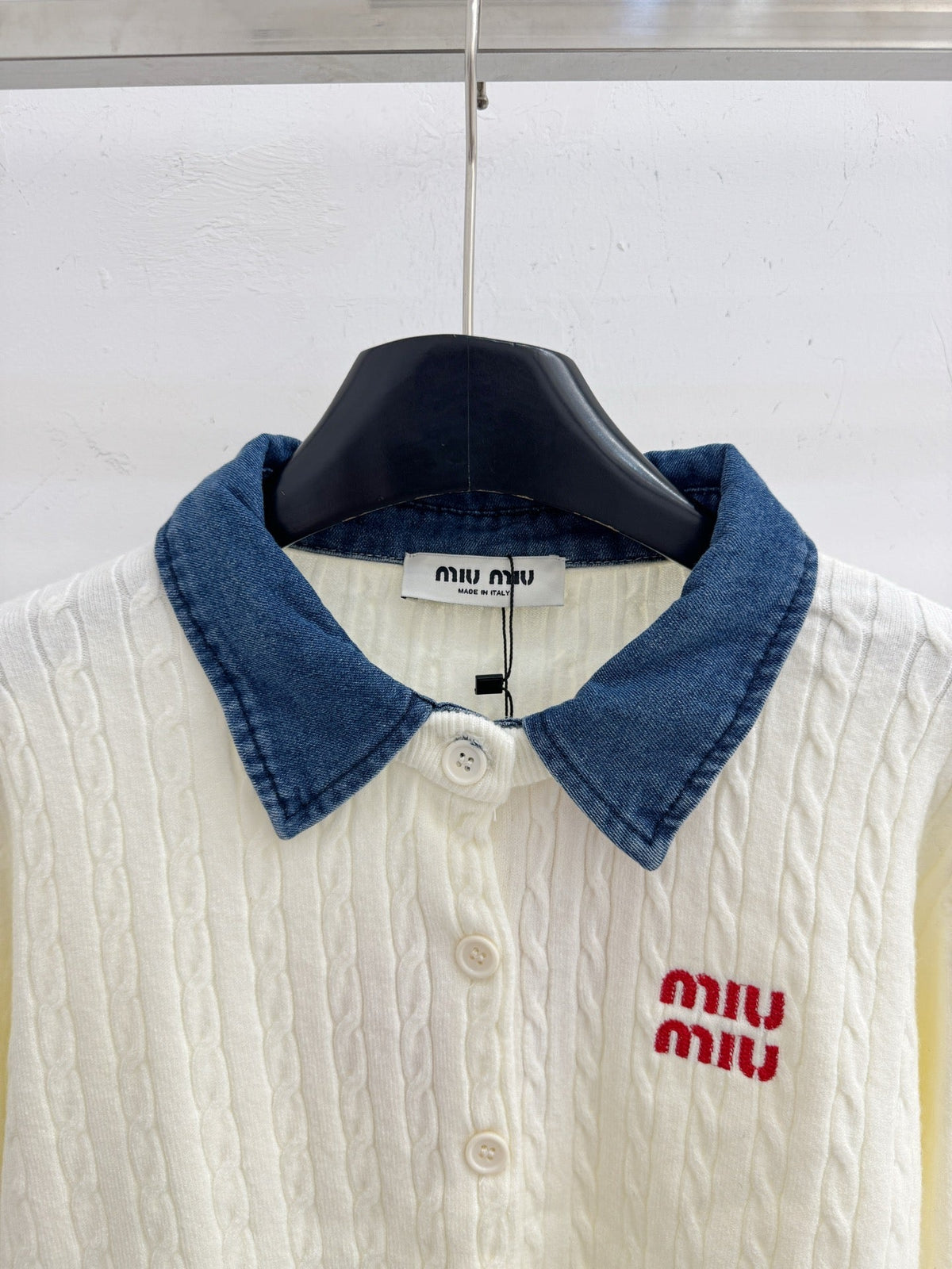 Miumiu 2026 Denim Collar Patchwork Cable Knit Cardigan Wool 794380