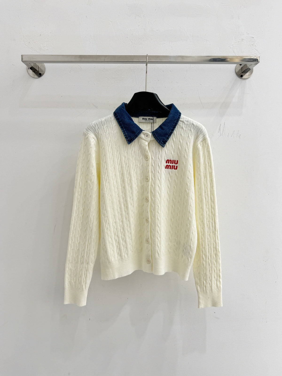Miumiu 2026 Denim Collar Patchwork Cable Knit Cardigan Wool 794380