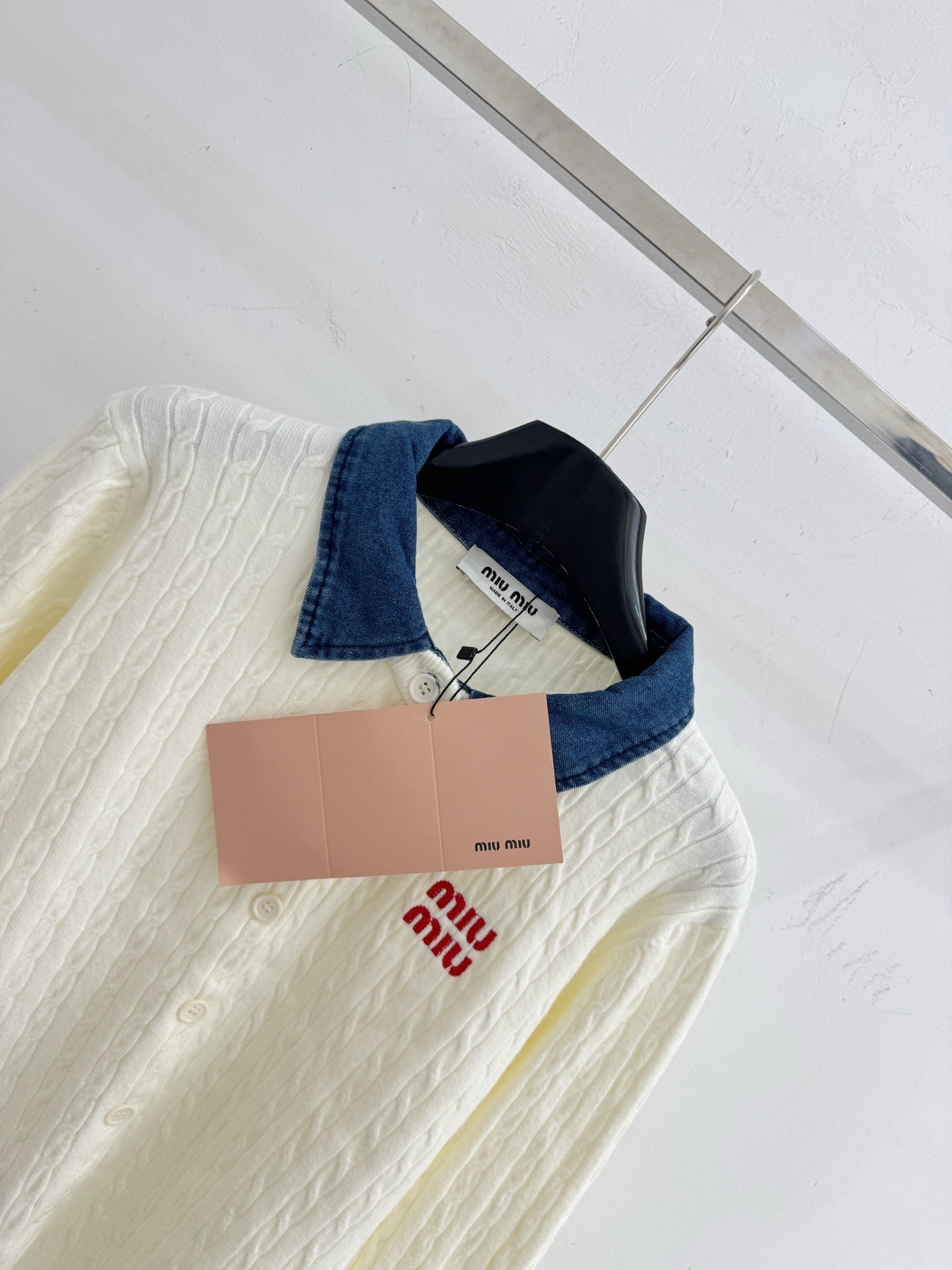 Miumiu 2026 Denim Collar Patchwork Cable Knit Cardigan Wool 794380