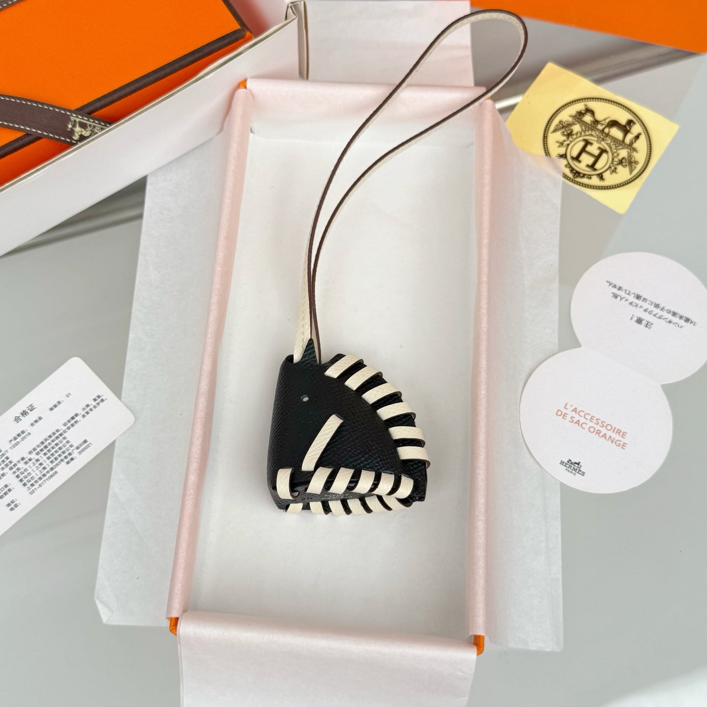 HM Horse Head Charm Black White Calfskin