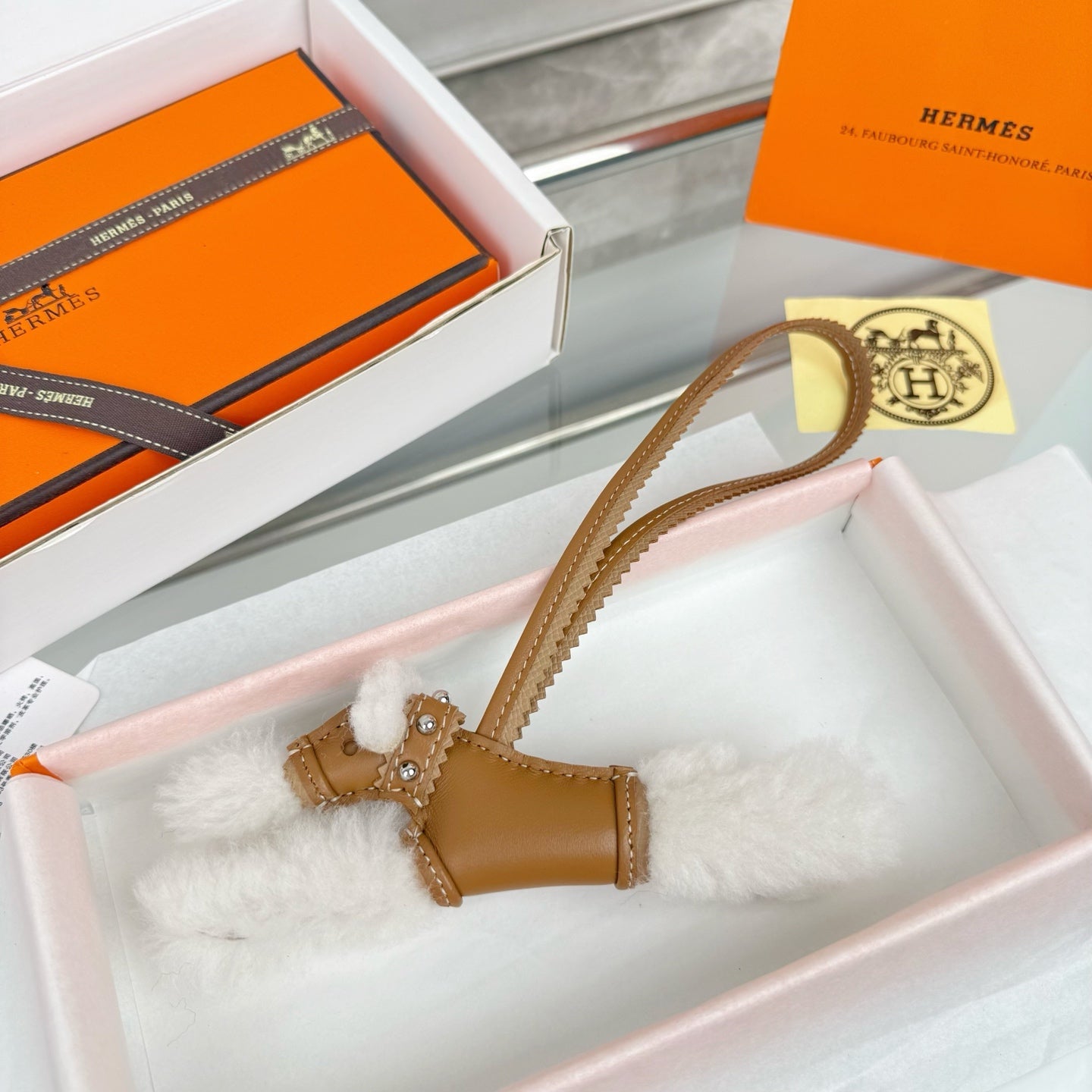 HM Budy Puppy Pendant Charm White Brown Wool Cowhide