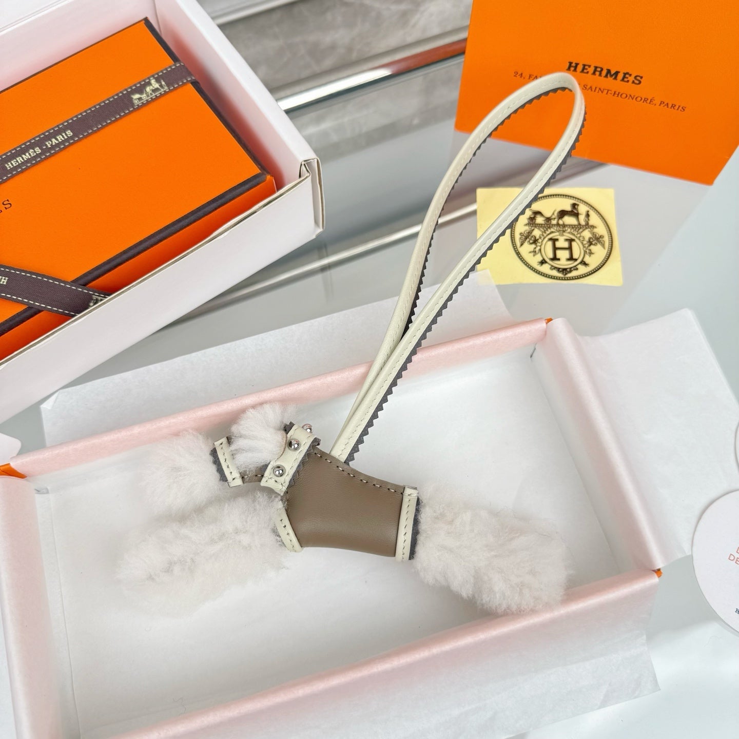 HM Budy Puppy Pendant Charm White Taupe Wool Cowhide