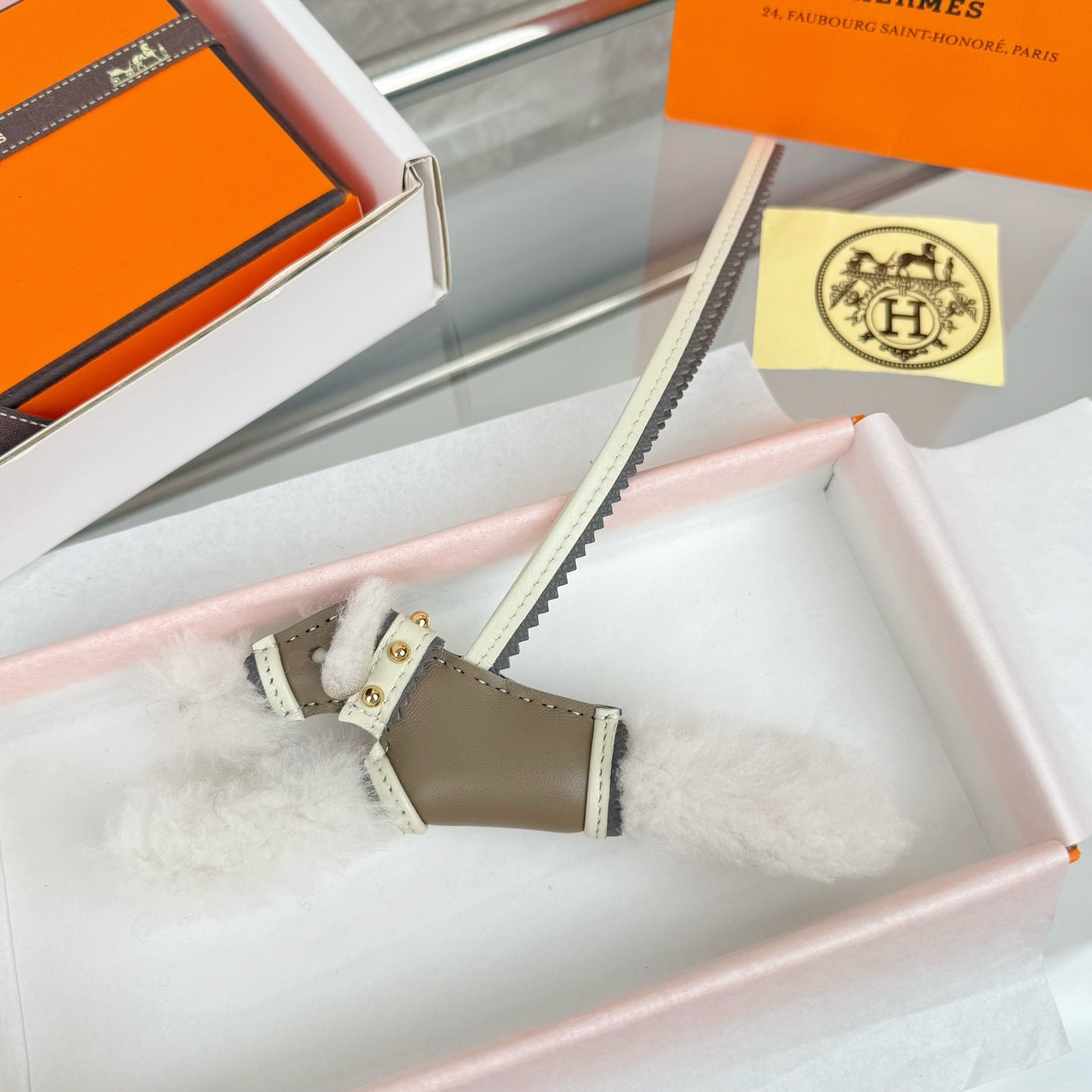 HM Budy Puppy Pendant Charm White Taupe Wool Cowhide