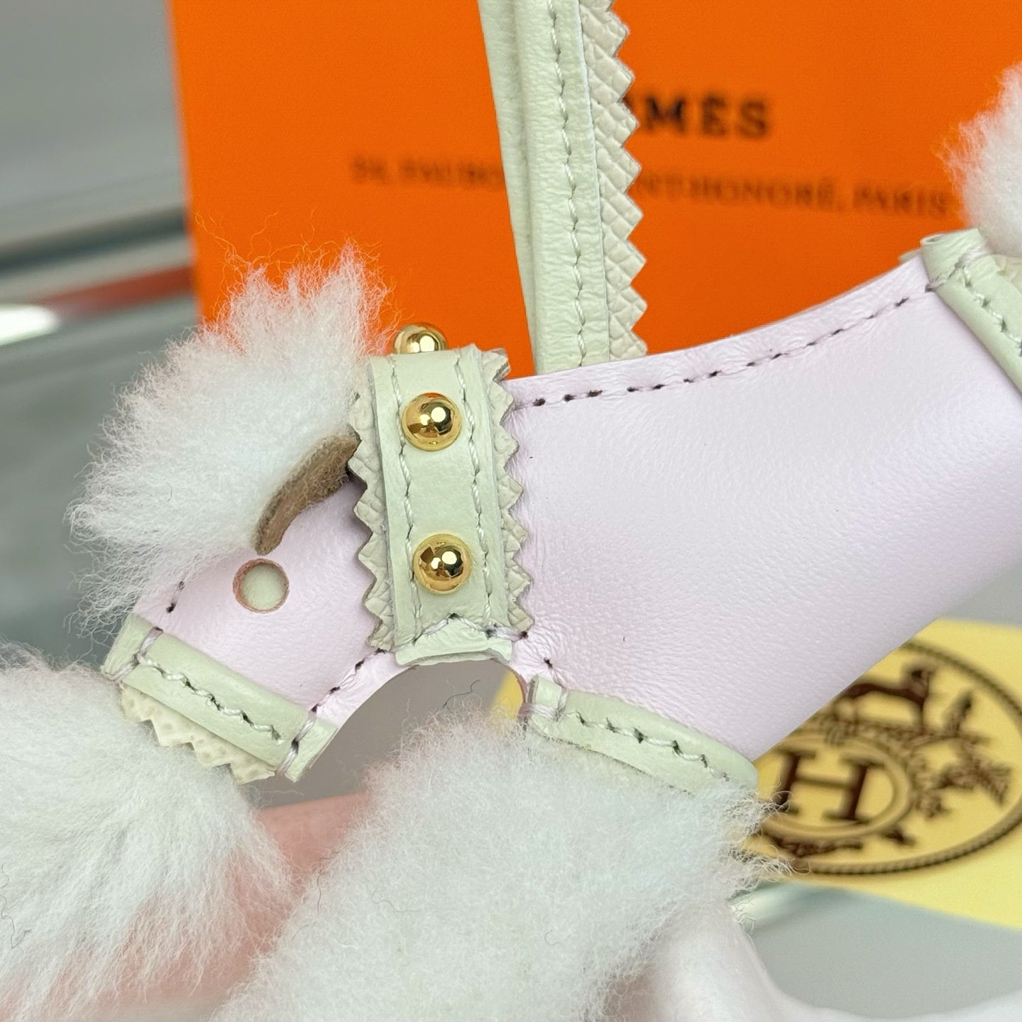 HM Budy Puppy Pendant Charm White Pink Wool Cowhide