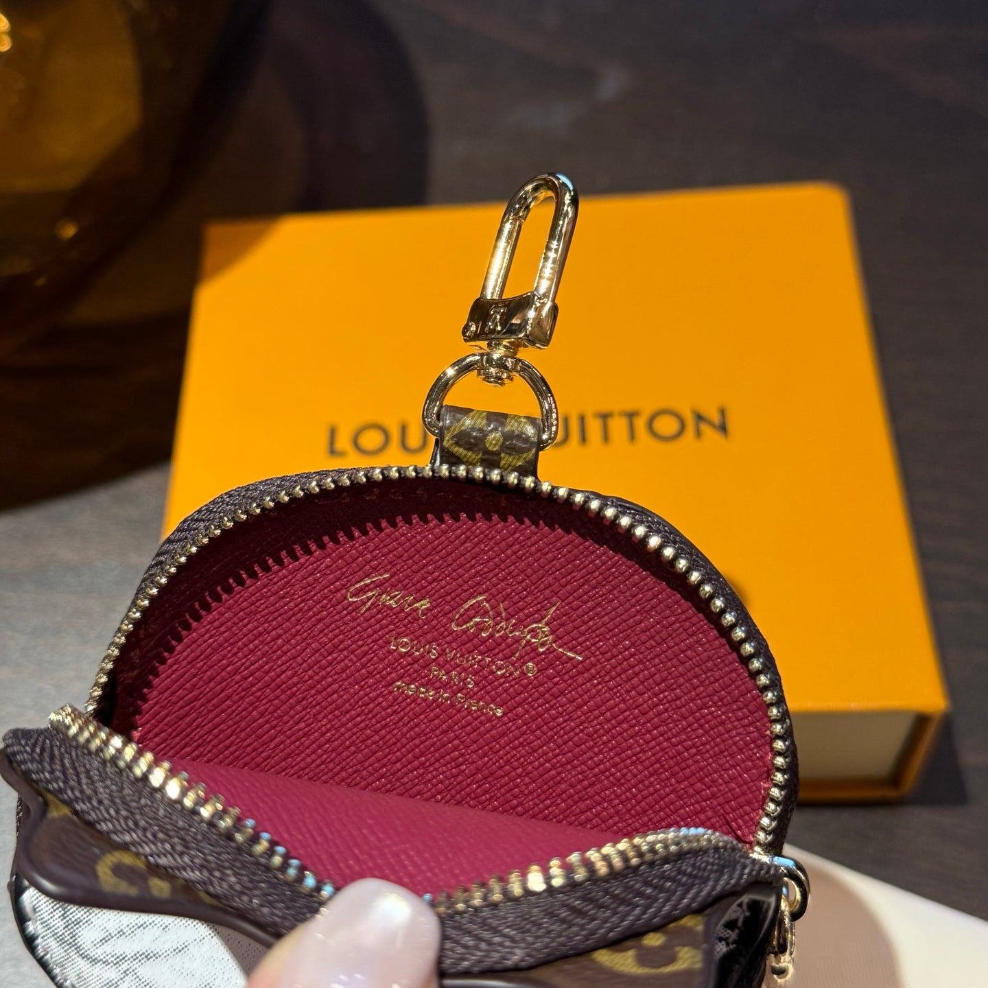 LV Monogram Kitty Coin Purse Charm White Brown Leather Canvas