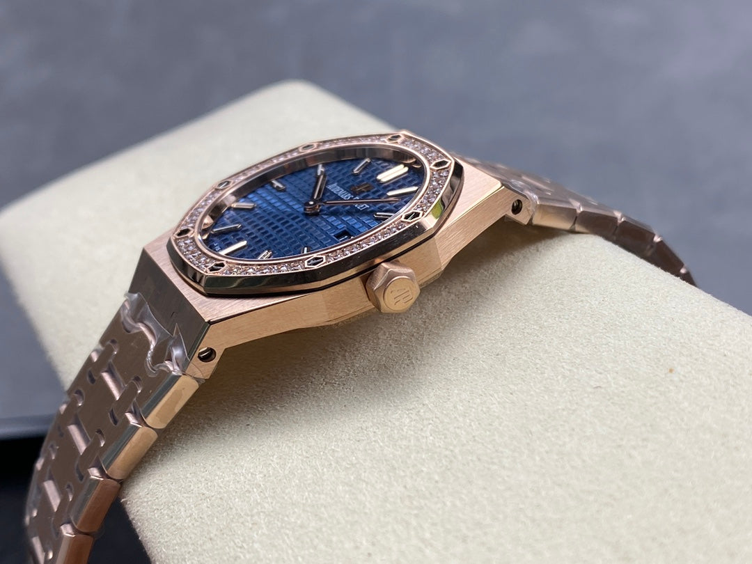 Audemars Piguet Royal Oak Lady 33mm Rose Gold Blue Dial Diamond Bezel