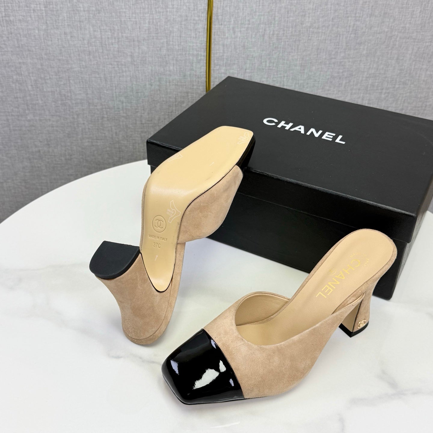 Chanel 2026 Double C Square-toe Sandal 70mm Beige Black Suede Leather 619768