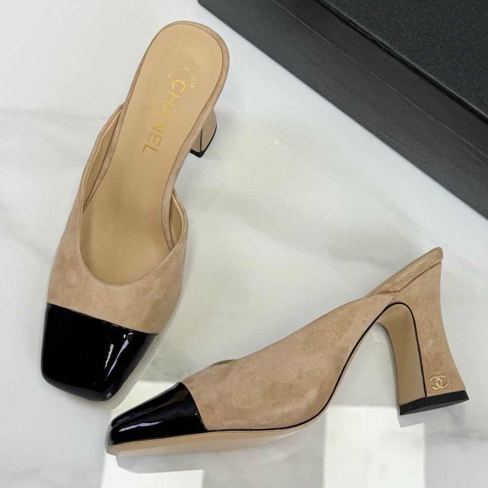Chanel 2026 Double C Square-toe Sandal 70mm Beige Black Suede Leather 619768