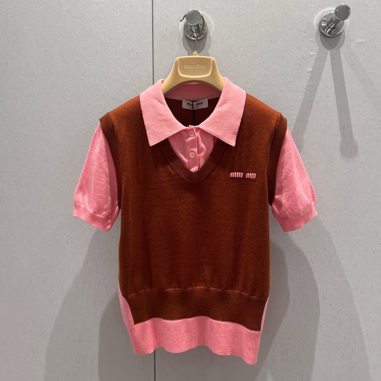 Miu Miu 25 Two-piece Vest Polo short-sleeved Knitted Top Pink Brown Wool 210563