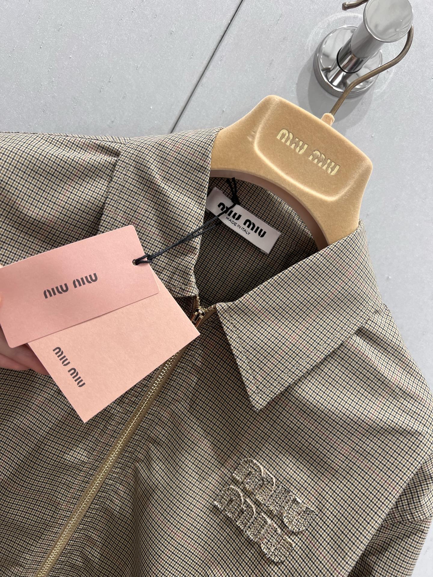 Miu Miu 25 Plaid Lapel Zipper Shirt Brown Cotton 211152