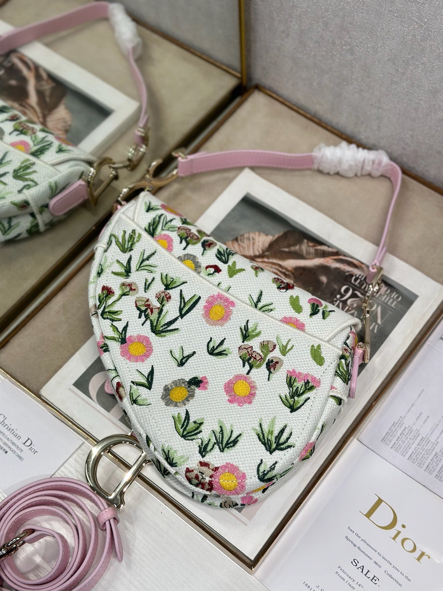 Dior 2026 Pink Flower Saddle Bag 25.5cm White Mix Colors Canvas Leather 154974