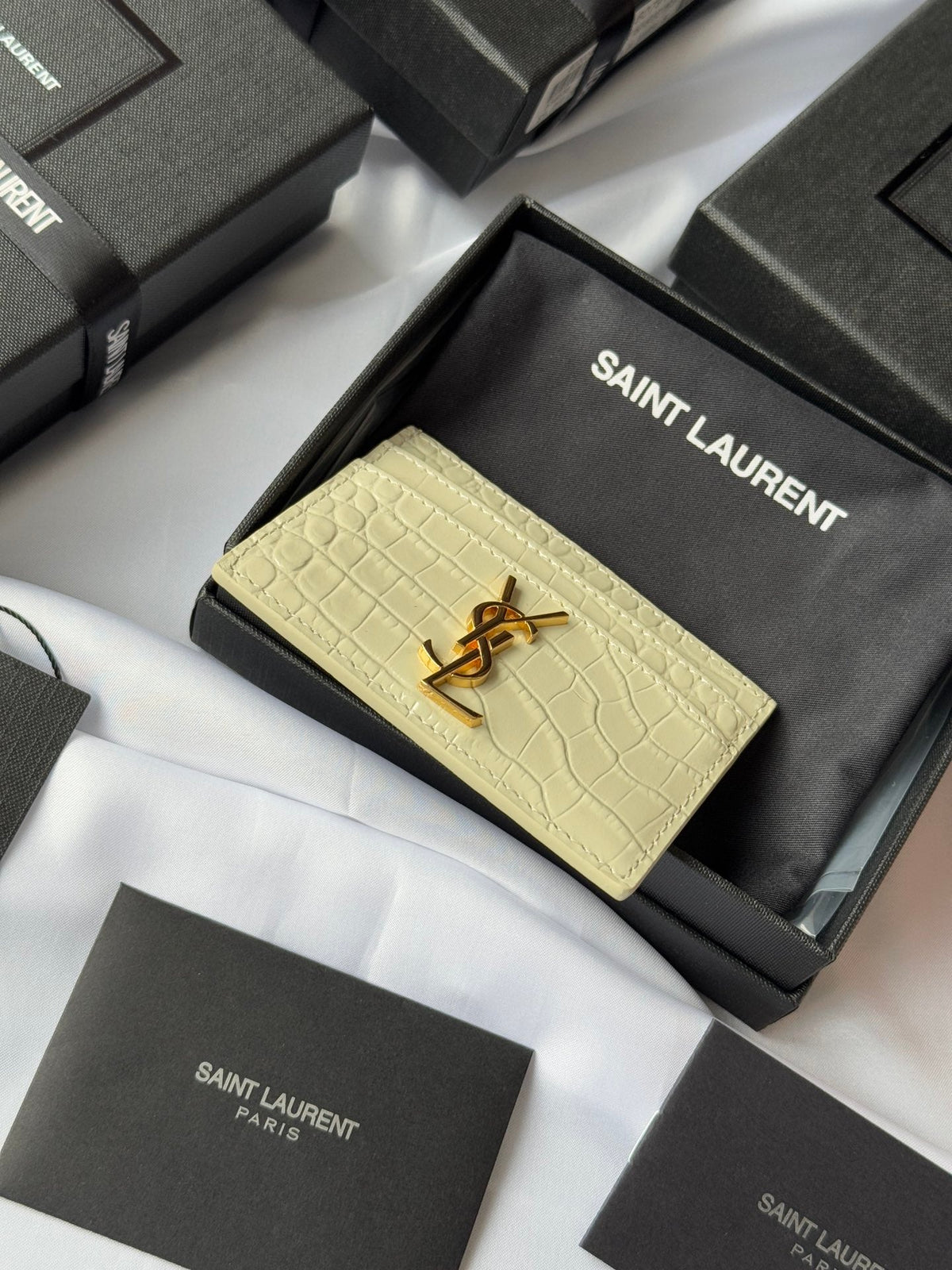 YSL Card Holder 10cm Wallet Cream Gold Leather 240565