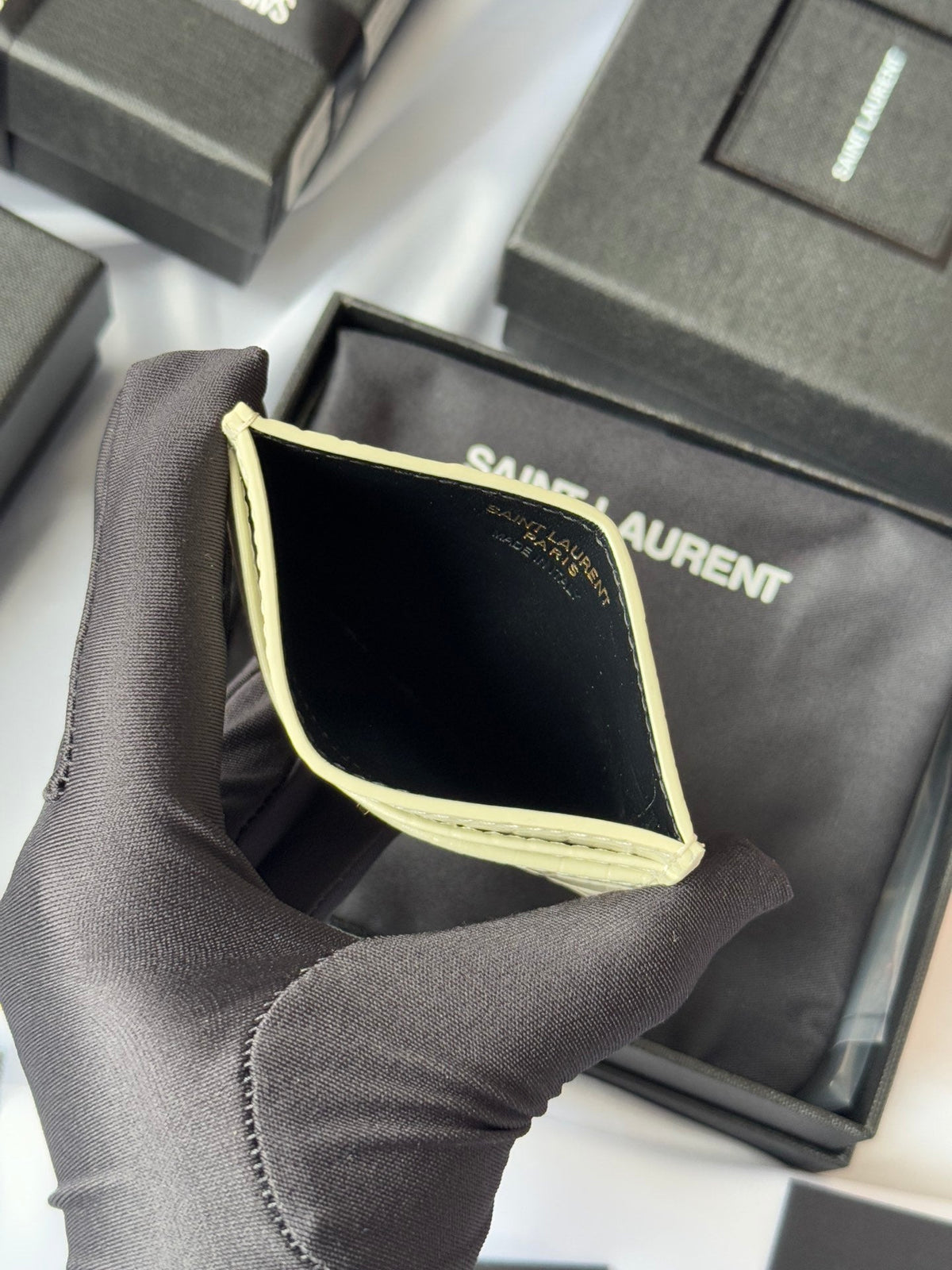 YSL Card Holder 10cm Wallet Cream Gold Leather 240565