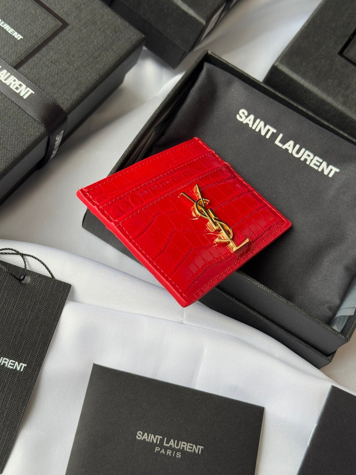 YSL Card Holder 10cm Wallet Red Gold Leather 240563